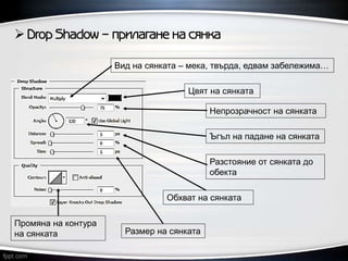  Drop Shadow – прилагане на сянка
Ъгъл на падане на сянката
Вид на сянката – мека, твърда, едвам забележима…
Цвят на сянката
Непрозрачност на сянката
Разстояние от сянката до
обекта
Обхват на сянката
Размер на сянката
Промяна на контура
на сянката
 