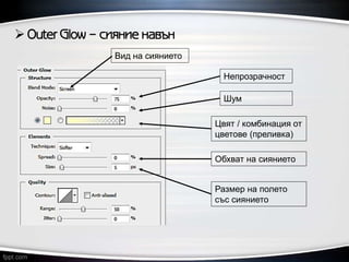  Outer Glow – сияние навън
Размер на полето
със сиянието
Вид на сиянието
Обхват на сиянието
Непрозрачност
Шум
Цвят / комбинация от
цветове (преливка)
 