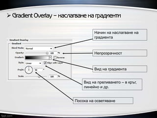  Gradient Overlay – наслагване на градиенти
Посока на осветяване
Вид на градиента
Начин на наслагване на
градиента
Непрозрачност
Вид на преливането – в кръг,
линейно и др.
 