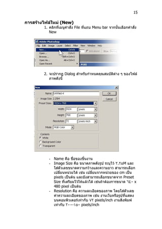15

การสร้างไฟล์ใหม่ (New)
        1. คลิกที่เมนูคำาสั่ง File ที่แถบ Menu bar จากนั้นเลือกคำาสั่ง
           New




        2. จะปรากฏ Dialog สำาหรับกำาหนดคุณสมบัติต่าง ๆ ของไฟล์
           ภาพดังนี้




           - Name คือ ชือของชิ้นงาน
                          ่
           - Image Size คือ ขนาดภาพดังรูป ระบุไว้ ٢.٢٥M และ
             ใส่ตัวเลขขนาดความกว้างและความยาว สามารถเลือก
             เปลี่ยนหน่วยได้ เช่น เปลี่ยนจากหน่วยของ cm เป็น
             pixels เป็นต้น และยังสามารถเลือกขนาดจาก Preset
             Size ที่เตรียมไว้ให้แล้วได้ เช่นถ้าต้องการขนาด ٦٤٠ x
             480 pixel เป็นต้น
           - Resolution คือ ความละเอียดของภาพ โดยใส่ตัวเลข
             ค่าความละเอียดของภาพ เช่น งานเว็บหรือรูปที่แสดง
             บนคอมพิวเตอร์เท่ากับ ٧٢ pixels/inch งานสิ่งพิมพ์
             เท่ากับ ٢٠٠-١٥٠ pixels/inch
 