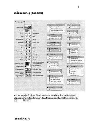 4

เครื่องมือต่างๆ (Toolbox)




หมายเหตุ ปุ่ม Toolbar ที่มีเครื่องหมายสามเหลี่ยมเล็กๆ อยู่ด้านล่างขวา
เมื่อกดปุ่มสามเหลี่ยมดังกล่าว โปรแกรมจะแสดงเครื่องมืออื่นๆ ออกมาเช่น




Tool ที่น่าสนใจ
 