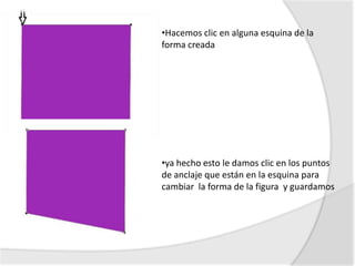 •Hacemos clic en alguna esquina de la
forma creada




•ya hecho esto le damos clic en los puntos
de anclaje que están en la esquina para
cambiar la forma de la figura y guardamos
 