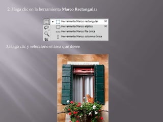 2. Haga clic en la herramienta Marco Rectangular




3.Haga clic y seleccione el área que desee
 