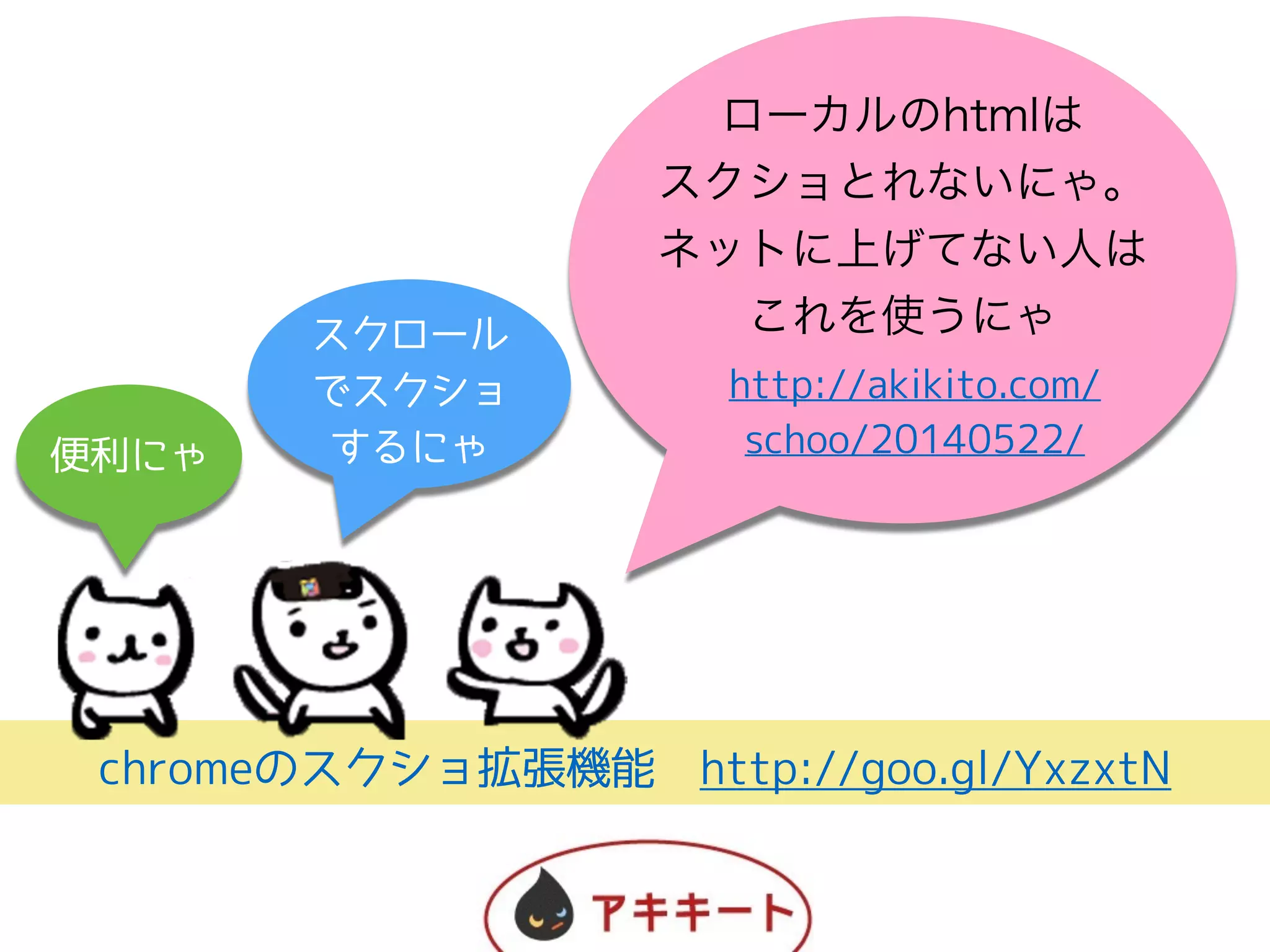 chromeのスクショ拡張機能 http://goo.gl/YxzxtN
スクロール
でスクショ
するにゃ便利にゃ
!
http://akikito.com/
schoo/20140522/
ローカルのhtmlは
スクショとれないにゃ。
ネットに上げてない人は
これを使うにゃ
 