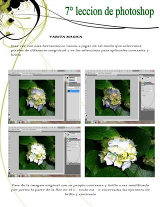 VARITA MAGICA

Esta vez con esta herramienta vamos a jugar de tal modo que seleccione
pixeles de diferente magnitud y se los selecciona para aplicarles contraste y
brillo




Pasa de la imagen original con su propio contraste y brillo a ser modificado
por partes la parte de la flor en el círculo están encerradas las opciones de
                                brillo y contraste
 