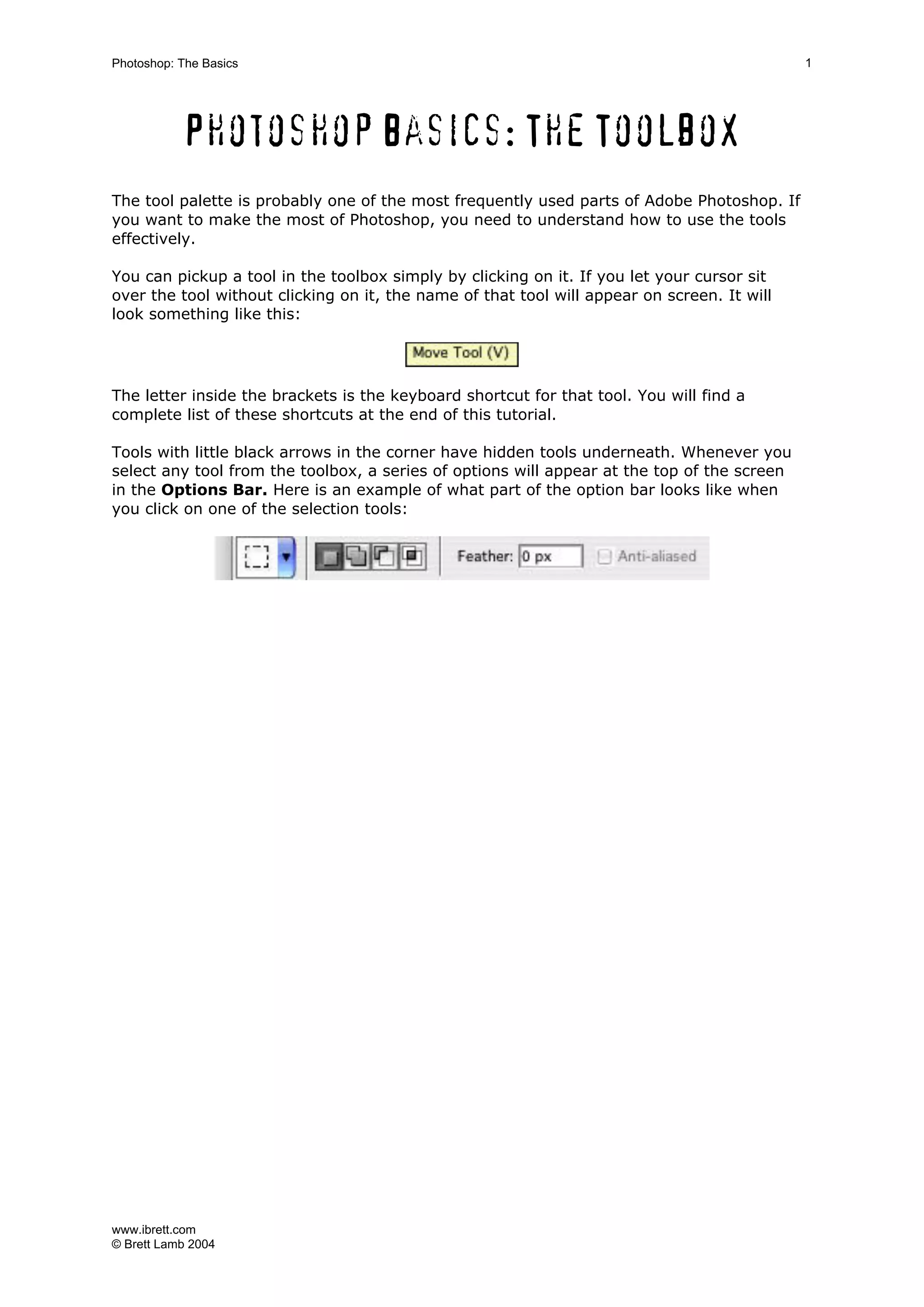 www.ibrett.com
© Brett Lamb 2004
Photoshop Basics: The Toolbox
The tool palette is probably one of the most frequently used parts of Adobe Photoshop. If
you want to make the most of Photoshop, you need to understand how to use the tools
effectively.
You can pickup a tool in the toolbox simply by clicking on it. If you let your cursor sit
over the tool without clicking on it, the name of that tool will appear on screen. It will
look something like this:
The letter inside the brackets is the keyboard shortcut for that tool. You will find a
complete list of these shortcuts at the end of this tutorial.
Tools with little black arrows in the corner have hidden tools underneath. Whenever you
select any tool from the toolbox, a series of options will appear at the top of the screen
in the Options Bar. Here is an example of what part of the option bar looks like when
you click on one of the selection tools:
 