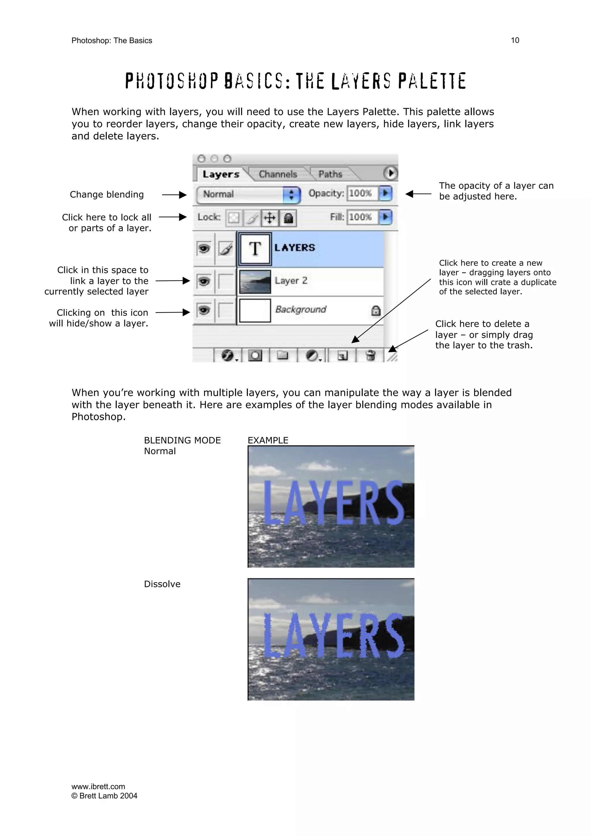 www.ibrett.com
© Brett Lamb 2004
Photoshop basics: The Layers Palette
When working with layers, you will need to use the Layers Palette. This palette allows
you to reorder layers, change their opacity, create new layers, hide layers, link layers
and delete layers.
When you’re working with multiple layers, you can manipulate the way a layer is blended
with the layer beneath it. Here are examples of the layer blending modes available in
Photoshop.
BLENDING MODE EXAMPLE
Normal
Dissolve
Change blending
mode
Click here to lock all
or parts of a layer.
Click in this space to
link a layer to the
currently selected layer
Click here to create a new
layer – dragging layers onto
this icon will crate a duplicate
of the selected layer.
Click here to delete a
layer – or simply drag
the layer to the trash.
The opacity of a layer can
be adjusted here.
Clicking on this icon
will hide/show a layer.
 