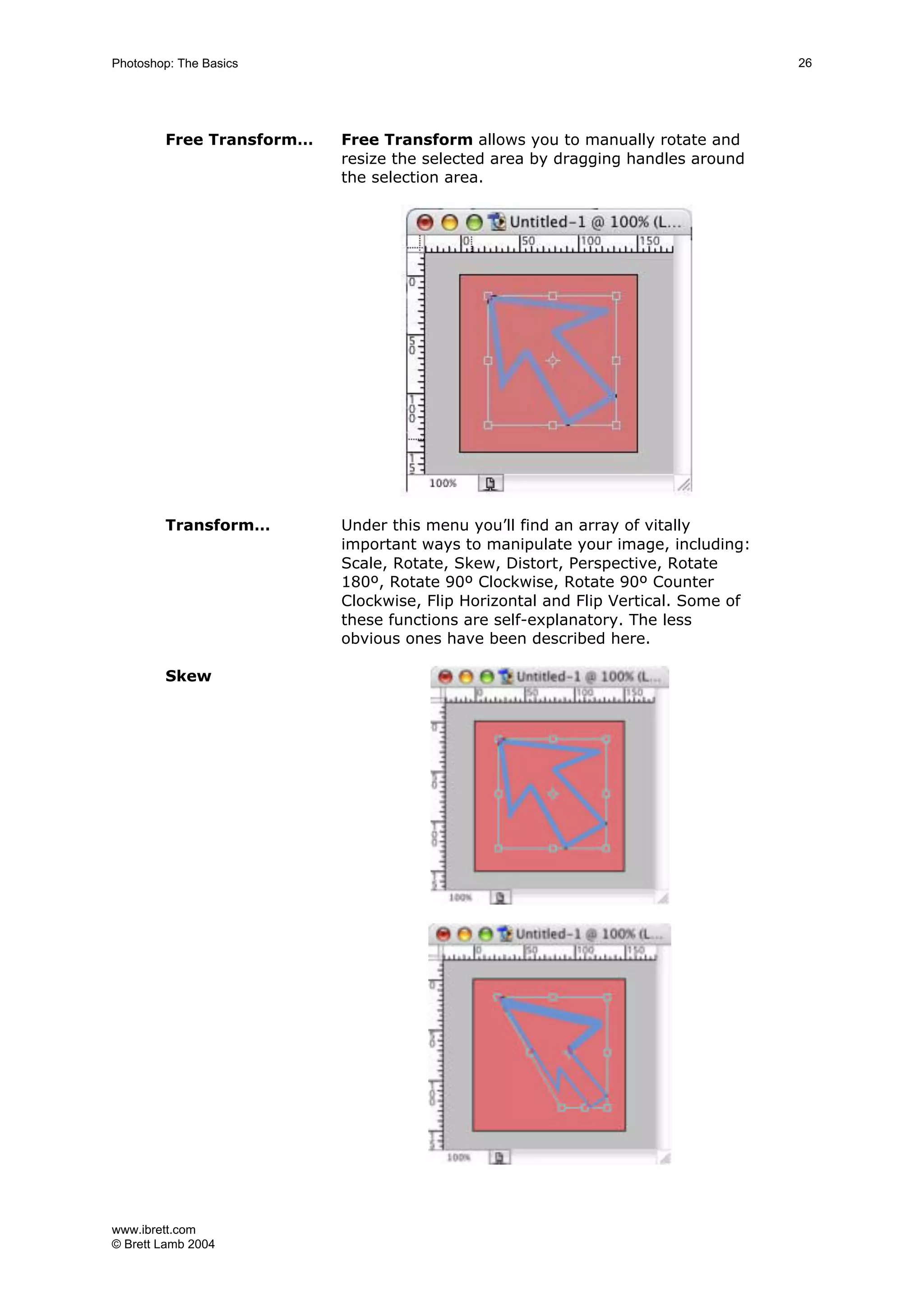 www.ibrett.com
© Brett Lamb 2004
Free Transform… Free Transform allows you to manually rotate and
resize the selected area by dragging handles around
the selection area.
Transform… Under this menu you’ll find an array of vitally
important ways to manipulate your image, including:
Scale, Rotate, Skew, Distort, Perspective, Rotate
180º, Rotate 90º Clockwise, Rotate 90º Counter
Clockwise, Flip Horizontal and Flip Vertical. Some of
these functions are self-explanatory. The less
obvious ones have been described here.
Skew
 
