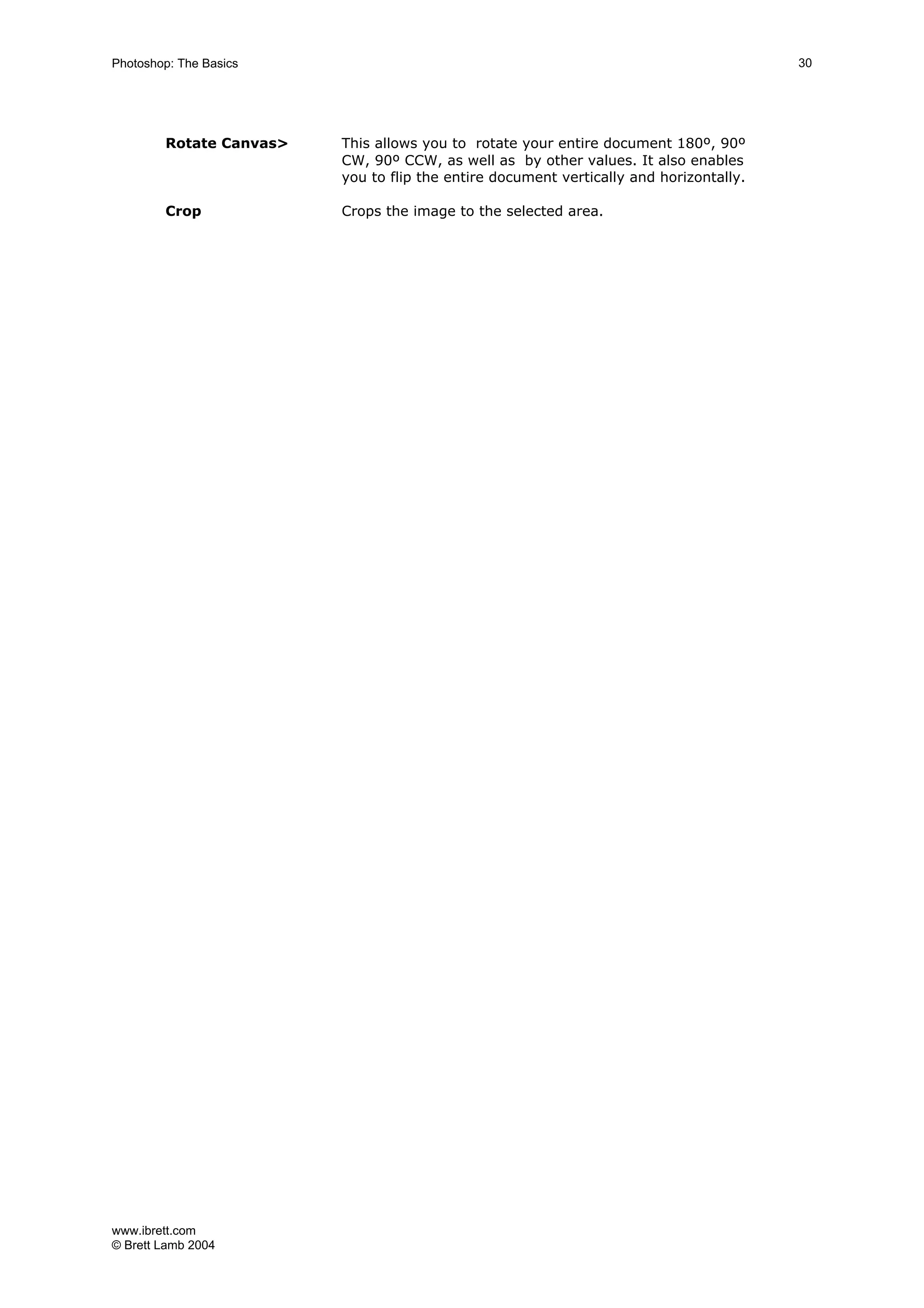 www.ibrett.com
© Brett Lamb 2004
Rotate Canvas> This allows you to rotate your entire document 180º, 90º
CW, 90º CCW, as well as by other values. It also enables
you to flip the entire document vertically and horizontally.
Crop Crops the image to the selected area.
 