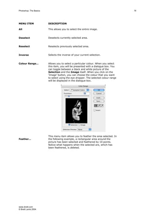 www.ibrett.com
© Brett Lamb 2004
MENU ITEM DESCRIPTION
All This allows you to select the entire image.
Deselect Deselects currently selected area.
Reselect Reselects previously selected area.
Inverse Selects the inverse of your current selection.
Colour Range… Allows you to select a particular colour. When you select
this item, you will be presented with a dialogue box. You
can toggle between a black and white picture of the
Selection and the Image itself. When you click on the
‘Image’ button, you can choose the colour that you want
to select using the eye dropper. The selected colour range
will be displayed in the dialogue box.
Feather…
This menu item allows you to feather the area selected. In
the following example, a rectangular area around the
picture has been selected and feathered by 10 points.
Notice what happens when the selected are, which has
been feathered, is deleted.
 