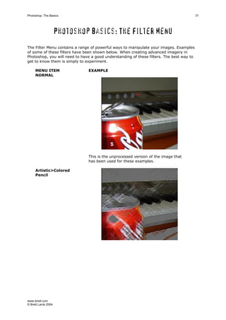 www.ibrett.com
© Brett Lamb 2004
Photoshop basics: The Filter menu
The Filter Menu contains a range of powerful ways to manipulate your images. Examples
of some of these filters have been shown below. When creating advanced imagery in
Photoshop, you will need to have a good understanding of these filters. The best way to
get to know them is simply to experiment.
MENU ITEM EXAMPLE
NORMAL
This is the unprocessed version of the image that
has been used for these examples.
Artistic>Colored
Pencil
 