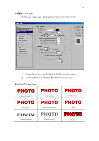 28

การใช้งาน Layer Style
       คลิกที่เมนู Layer > Layer Style > Blending Options จะปรากฏหน้าต่างดังภาพข้างล่าง




       (1)   คือ Style ที่ต้องการใช้กับ Layer ที่เราเลือกไว้ จะมีให้เลือก 10 แบบจากบนลงล่าง
       (2)   คือ การกาหนดค่าต่างๆ ของแต่ละ Style ซึ่งจะแตกต่างกันไปในแต่ละ Style

ตัวอย่างการใช้ Layer Style



       Drop Shadow                        Inner Shadow                          Outer Glow




         Inner Glow                     Bevel and Emboss                            Satin




      Gradient Overlay                   Pattern Overlay                           Stroke
 