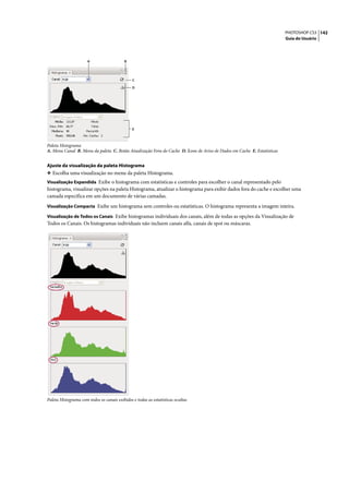 PHOTOSHOP CS3 142
                                                                                                                         Guia do Usuário




                      A                    B




                                               C

                                               D




                                               E



Paleta Histograma
A. Menu Canal B. Menu da paleta C. Botão Atualização Fora do Cache D. Ícone de Aviso de Dados em Cache E. Estatísticas


Ajuste da visualização da paleta Histograma
❖ Escolha uma visualização no menu da paleta Histograma.
Visualização Expandida Exibe o histograma com estatísticas e controles para escolher o canal representado pelo
histograma, visualizar opções na paleta Histograma, atualizar o histograma para exibir dados fora do cache e escolher uma
camada específica em um documento de várias camadas.
Visualização Compacta Exibe um histograma sem controles ou estatísticas. O histograma representa a imagem inteira.

Visualização de Todos os Canais Exibe histogramas individuais dos canais, além de todas as opções da Visualização de
Todos os Canais. Os histogramas individuais não incluem canais alfa, canais de spot ou máscaras.




Paleta Histograma com todos os canais exibidos e todas as estatísticas ocultas
 