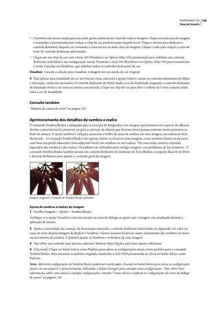 PHOTOSHOP CS3 159
                                                                                                                      Guia do Usuário




• O ponteiro do mouse muda para um conta-gotas conforme ele é movido sobre a imagem. Clique em uma área da imagem
  e mantenha-a pressionada para realçar o chip da cor predominante naquele local. Clique e arraste para deslocar o
  controle deslizante daquela cor, tornando-a mais escura ou mais clara na imagem. Clique e solte para realçar a caixa de
  texto do controle deslizante selecionado.
• Clique em um chip de cor com a tecla Alt (Windows) ou Option (Mac OS) pressionada para redefinir um controle
  deslizante individual à sua configuração inicial. Pressione a tecla Alt (Windows) ou Option (Mac OS) para transformar
  o botão Cancelar em Redefinir, que redefine todos os controles deslizantes de cor.
Visualizar Cancele a seleção para visualizar a imagem em seu modo de cor original.

3 Para aplicar uma tonalidade de cor aos tons de cinza, selecione a opção Colorir e ajuste os controles deslizantes de Matiz
e Saturação, conforme necessário. O controle deslizante de Matiz muda a cor da tonalidade, enquanto o controle deslizante
de Saturação torna a cor mais ou menos concentrada. Clique no chip de cor para abrir o Seletor de Cores e ajustar ainda
mais a cor da tonalidade.


Consulte também
“Mistura de canais de cores” na página 167


Aprimoramento dos detalhes de sombra e realce
O comando Sombra/Realce é adequado para a correção de fotografias com imagens que possuem um aspecto de silhueta
devido a uma intensa luz posterior ou para a correção de objetos que ficaram claros porque estavam muito próximos ao
flash da câmera. O ajuste também é útil para aumentar o brilho de áreas de sombra em uma imagem normalmente bem
iluminada. O comando Sombra/Realce não apenas clareia ou escurece uma imagem, como também clareia ou escurece
com base nos pixels adjacentes (área adjacente local) nas sombras ou nos realces. Por essa razão, existem controles
separados das sombras e dos realces. Os padrões são definidos para corrigir imagens com problemas de luz posterior. O
comando Sombra/Realce também possui um controle deslizante de Contraste de Tons Médios e as opções Recorte de Preto
e Recorte de Branco para ajustar o contraste geral da imagem.




Imagem original e Correção de Sombra/Realce aplicada


Ajuste de sombras e realces da imagem
1 Escolha Imagem > Ajustes > Sombra/Realce.
Verifique se a opção Visualizar está selecionada na caixa de diálogo se quiser que a imagem seja atualizada durante a
aplicação de ajustes.

2 Ajuste a intensidade da correção de iluminação movendo o controle deslizante Intensidade ou digitando um valor na
caixa de texto de porcentagem de Realces e Sombras. Valores maiores fornecem maior clareamento das sombras ou maior
escurecimento dos realces. É possível ajustar as Sombras e os Realces de uma imagem.
3 Para obter um controle mais preciso, selecione Mostrar Mais Opções para fazer ajustes adicionais.
4 (Opcional) Clique no botão Salvar como Padrões para salvar as configurações atuais como padrões para o comando
Sombra/Realce. Para restaurar os padrões originais, mantenha a tecla Shift pressionada ao clicar no botão Salvar como
Padrões.
Nota: diferentes configurações de Sombra/Realce podem ser reutilizadas, clicando no botão Salvar para salvar as configurações
atuais em um arquivo e, posteriormente, utilizando o botão Carregar para carregar essas configurações. Para obter mais
informações sobre como salvar e carregar configurações, consulte “Como salvar e reaplicar as configurações da caixa de diálogo
de ajuste” na página 148.
 