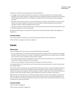 PHOTOSHOP CS3 246
                                                                                                                Guia do Usuário




7 Retoque os resultados da extração seguindo um destes procedimentos:
• Para apagar os traços do plano de fundo na área extraída, use a ferramenta Limpar  . Essa ferramenta subtrai a
  opacidade e tem um efeito cumulativo. Também é possível usar a ferramenta Limpar para preencher lacunas no objeto
  extraído. Mantenha pressionada a tecla Alt (Windows) ou Option (Mac OS) ao arrastar para adicionar opacidade
  novamente.
• Para editar a aresta do objeto extraído, use a ferramenta Retoque de Aresta   . Essa ferramenta torna as arestas mais
  nítidas e tem um efeito cumulativo. Se não houver uma aresta nítida, a ferramenta Retoque de Aresta adicionará
  opacidade ao objeto ou subtrairá opacidade do plano de fundo.
   Também é possível fazer a limpeza da imagem após a extração usando as ferramentas Borracha de Plano de Fundo e Pincel
   do Histórico, disponíveis na caixa de ferramentas.

8 Clique em OK para aplicar a extração final. Na camada, todos os pixels fora do objeto extraído serão apagados até a
transparência.


Consulte também
“Como alterar pixels para transparente com a ferramenta Borracha de plano de fundo” na página 306

“Efeitos de filtro de mesclagem e atenuação” na página 361




Canais
Sobre canais
Canais são imagens em tons de cinza que armazenam diferentes tipos de informações:

• Os canais de informação de cor são criados automaticamente quando uma imagem é aberta.) O modo de cores da imagem
  determina o número de canais de cores criados. Por exemplo, uma imagem RGB tem um canal para cada cor (vermelho,
  verde e azul) e um canal de composição usado para editar a imagem.
• Canais alfa armazenam seleções como imagens em tons de cinza. Adicione canais alfa para criar e armazenar máscaras,
  que permitem manipular e proteger partes de uma imagem.
• Canais de cores spot especificam chapas adicionais para impressão com tintas de cores spot.
Uma imagem pode ter até 56 canais. Todos os novos canais possuem as mesmas dimensões e o mesmo número de pixels
que a imagem original.

O tamanho de arquivo necessário para um canal depende das informações de pixels no canal. Determinados formatos de
arquivo, incluindo os formatos TIFF e Photoshop, compactam informações de canais e podem economizar espaço. O
tamanho de um arquivo não compactado, incluindo canais alfa e camadas, é exibido como o valor à extrema direita da barra
de status, na parte inferior da janela, quando a opção Tamanhos do Documento é escolhida no menu pop-up.

Nota: desde que um arquivo seja salvo em um formato que ofereça suporte ao modo de cores da imagem, os canais de cores
serão preservados. Os canais alfa são preservados somente quando um arquivo é salvo nos formatos Photoshop, PDF, PICT,
Pixar, TIFF, PSB ou Raw. O formato DCS 2.0 preserva apenas canais de spot. Salvar em outros formatos pode fazer com que
as informações do canal sejam descartadas.


Consulte também
“Sobre cores spot” na página 469

“Sobre máscaras e canais alfa” na página 250
 