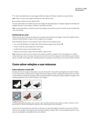 PHOTOSHOP CS3 250
                                                                                                                               Guia do Usuário




7 Se estiver mesclando canais em uma imagem multicanal, clique em Próximo e selecione os canais restantes.
Nota: todos os canais de uma imagem multicanal são canais alfa ou de spot.

8 Ao concluir a seleção de canais, clique em OK.
Os canais selecionados são mesclados em uma nova imagem do tipo especificado, e as imagens originais são fechadas sem
qualquer alteração. A nova imagem é exibida em uma janela sem título.

Nota: não é possível dividir e recombinar (mesclar) uma imagem com canais de cores spot. O canal de cor spot será adicionado
como um canal alfa.


Exclusão de um canal
Exclua canais de spot ou alfa que não sejam mais necessários antes de salvar uma imagem. Canais alfa complexos podem
aumentar substancialmente o espaço em disco exigido por uma imagem.

❖ No Photoshop, selecione o canal na paleta Canais e execute uma das seguintes ações:
• Com a tecla Alt (Windows) ou Option (Mac OS) pressionada, clique no ícone Excluir                    .
• Arraste o nome do canal na paleta até o ícone Excluir.
• Escolha Excluir Canal no menu da paleta Canais.
• Clique no ícone Excluir, na parte inferior da paleta, e clique em Sim.
Nota: quando um canal de cor de um arquivo com camadas é excluído, as camadas visíveis são achatadas e as camadas
ocultas, descartadas. Isso ocorre porque a remoção de um canal de cor converte a imagem no modo Multicanal, que não oferece
suporte a camadas. Uma imagem não é achatada quando um canal alfa, um canal de spot ou uma máscara rápida é excluída.




Como salvar seleções e usar máscaras
Sobre máscaras e canais alfa
Quando parte de uma imagem é selecionada, a área não selecionada é “mascarada” ou protegida contra edição. Portanto,
ao criar uma máscara, é possível isolar e proteger áreas de uma imagem durante a aplicação de alterações em cores, filtros
ou outros efeitos ao restante dessa imagem. Máscaras também podem ser usadas para a edição complexa de imagens, como
a aplicação gradual de cores ou efeitos de filtros a uma imagem.




        A                    B                   C




Exemplos de máscaras
A. Máscara opaca usada para proteger o plano de fundo e editar a borboleta B. Máscara opaca usada para proteger a borboleta e colorir o
plano de fundo C. Máscara semitransparente usada para colorir o plano de fundo e parte da borboleta


As máscaras são armazenadas em canais alfa. As máscaras e os canais são imagens em tons de cinza, por isso é possível
editá-las como qualquer outra imagem com ferramentas de pintura e edição e filtros. As áreas pintadas de preto em uma
máscara são protegidas e as pintadas de branco são editáveis.
 