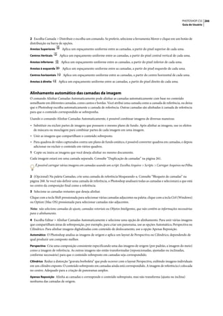 PHOTOSHOP CS3 266
                                                                                                                   Guia do Usuário




2 Escolha Camada > Distribuir e escolha um comando. Se preferir, selecione a ferramenta Mover e clique em um botão de
distribuição na barra de opções.
Arestas Superiores      Aplica um espaçamento uniforme entre as camadas, a partir do pixel superior de cada uma.
Centros Verticais     Aplica um espaçamento uniforme entre as camadas, a partir do pixel central vertical de cada uma.
Arestas inferiores     Aplica um espaçamento uniforme entre as camadas, a partir do pixel inferior de cada uma.
Arestas à esquerda      Aplica um espaçamento uniforme entre as camadas, a partir do pixel esquerdo de cada uma.
Centros horizontais      Aplica um espaçamento uniforme entre as camadas, a partir do centro horizontal de cada uma.
Arestas à direita     Aplica um espaçamento uniforme entre as camadas, a partir do pixel direito de cada uma.


Alinhamento automático das camadas da imagem
O comando Alinhar Camadas Automaticamente pode alinhar as camadas automaticamente com base no conteúdo
semelhante em diferentes camadas, como cantos e bordas. Você atribui uma camada como a camada de referência, ou deixa
que o Photoshop escolha automaticamente a camada de referência. Outras camadas são alinhadas à camada de referência
para que o conteúdo correspondido se sobreponha.

Usando o comando Alinhar Camadas Automaticamente, é possível combinar imagens de diversas maneiras:

• Substituir ou excluir partes de imagens que possuem o mesmo plano de fundo. Após alinhar as imagens, use os efeitos
  de máscara ou mesclagem para combinar partes de cada imagem em uma imagem.
• Unir as imagens que compartilham o conteúdo sobreposto.
• Para quadros de vídeo capturados contra um plano de fundo estático, é possível converter quadros em camadas, e depois
  adicionar ou excluir o conteúdo em vários quadros.
1 Copie ou insira as imagens que você deseja alinhar no mesmo documento.
Cada imagem estará em uma camada separada. Consulte “Duplicação de camadas” na página 261.

    É possível carregar várias imagens em camadas usando um script. Escolha Arquivo > Scripts > Carregar Arquivos na Pilha.


2 (Opcional) Na paleta Camadas, crie uma camada de referência bloqueando-a. Consulte “Bloqueio de camadas” na
página 268. Se você não definir uma camada de referência, o Photoshop analisará todas as camadas e selecionará a que está
no centro da composição final como a referência.
3 Selecione as camadas restantes que deseja alinhar.
Clique com a tecla Shift pressionada para selecionar várias camadas adjacentes na paleta; clique com a tecla Ctrl (Windows)
ou Option (Mac OS) pressionada para selecionar camadas não adjacentes.

Nota: não selecione camadas de ajuste, camadas vetoriais ou Objetos Inteligentes, que não contêm as informações necessárias
para o alinhamento.

4 Escolha Editar > Alinhar Camadas Automaticamente e selecione uma opção de alinhamento. Para unir várias imagens
que compartilham áreas de sobreposição, por exemplo, para criar um panorama, use as opções Automático, Perspectiva ou
Cilíndrico. Para alinhar imagens digitalizadas com conteúdo de deslocamento, use a opção Apenas Reposição.
Automático O Photoshop analisa as imagens de origem e aplica um layout de Perspectiva ou Cilíndrico, dependendo de
qual produzir um composto melhor.
Perspectiva Cria uma composição consistente especificando uma das imagens de origem (por padrão, a imagem do meio)
como a imagem de referência. As outras imagens são então transformadas (reposicionadas, ajustadas ou inclinadas,
conforme necessário) para que o conteúdo sobreposto em camadas seja correspondido.
Cilíndrico Reduz a distorção “gravata borboleta” que pode ocorrer com o layout Perspectiva, exibindo imagens individuais
em um cilindro exposto. O conteúdo sobreposto em camadas ainda está correspondido. A imagem de referência é colocada
no centro. Adequado para a criação de panoramas amplos.
Apenas Reposição Alinha as camadas e corresponde o conteúdo sobreposto, mas não transforma (ajusta ou inclina)
nenhuma das camadas de origem.
 