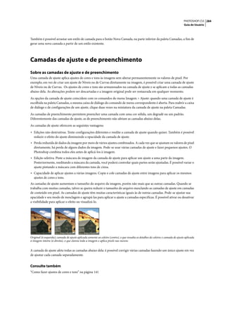 PHOTOSHOP CS3 284
                                                                                                                                      Guia do Usuário




Também é possível arrastar um estilo de camada para o botão Nova Camada, na parte inferior da paleta Camadas, a fim de
gerar uma nova camada a partir de um estilo existente.




Camadas de ajuste e de preenchimento
Sobre as camadas de ajuste e de preenchimento
Uma camada de ajuste aplica ajustes de cores e tons às imagens sem alterar permanentemente os valores de pixel. Por
exemplo, em vez de criar um ajuste de Níveis ou de Curvas diretamente na imagem, é possível criar uma camada de ajuste
de Níveis ou de Curvas. Os ajustes de cores e tons são armazenados na camada de ajuste e se aplicam a todas as camadas
abaixo dela. As alterações podem ser descartadas e a imagem original pode ser restaurada em qualquer momento.

As opções da camada de ajuste coincidem com os comandos do menu Imagem > Ajuste: quando uma camada de ajuste é
escolhida na paleta Camadas, a mesma caixa de diálogo do comando de menu correspondente é aberta. Para reabrir a caixa
de diálogo e de configurações de um ajuste, clique duas vezes na miniatura da camada de ajuste na paleta Camadas.

As camadas de preenchimento permitem preencher uma camada com uma cor sólida, um degradê ou um padrão.
Diferentemente das camadas de ajuste, as de preenchimento não afetam as camadas abaixo delas.

As camadas de ajuste oferecem as seguintes vantagens:

• Edições não destrutivas. Tente configurações diferentes e reedite a camada de ajuste quando quiser. Também é possível
   reduzir o efeito do ajuste diminuindo a opacidade da camada de ajuste.
• Perda reduzida de dados da imagem por meio de vários ajustes combinados. A cada vez que se ajustam os valores de pixel
   diretamente, há perda de alguns dados da imagem. Pode-se usar várias camadas de ajuste e fazer pequenos ajustes. O
   Photoshop combina todos eles antes de aplicá-los à imagem.
• Edição seletiva. Pinte a máscara de imagem da camada de ajuste para aplicar um ajuste a uma parte da imagem.
   Posteriormente, reeditando a máscara da camada, você poderá controlar quais partes serão ajustadas. É possível variar o
   ajuste pintando a máscara com diferentes tons de cinza.
• Capacidade de aplicar ajustes a várias imagens. Copie e cole camadas de ajuste entre imagens para aplicar os mesmos
   ajustes de cores e tons.
As camadas de ajuste aumentam o tamanho do arquivo da imagem, porém não mais que as outras camadas. Quando se
trabalha com muitas camadas, talvez se queira reduzir o tamanho do arquivo mesclando as camadas de ajuste em camadas
de conteúdo em pixel. As camadas de ajuste têm muitas características iguais às de outras camadas. Pode-se ajustar sua
opacidade e seu modo de mesclagem e agrupá-las para aplicar o ajuste a camadas específicas. É possível ativar ou desativar
a visibilidade para aplicar o efeito ou visualizá-lo.




Original (à esquerda); camada de ajuste aplicada somente ao celeiro (centro), o que ressalta os detalhes do celeiro; e camada de ajuste aplicada
à imagem inteira (à direita), o que clareia toda a imagem e aplica pixels nas nuvens


A camada de ajuste afeta todas as camadas abaixo dela: é possível corrigir várias camadas fazendo um único ajuste em vez
de ajustar cada camada separadamente.


Consulte também
“Como fazer ajustes de cores e tons” na página 141
 