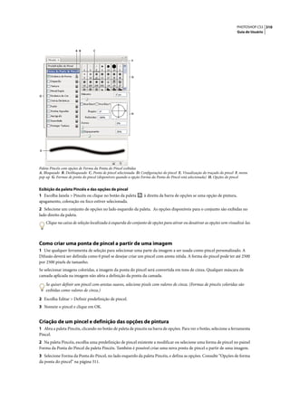 PHOTOSHOP CS3 310
                                                                                                                            Guia do Usuário




                      A B         C


                                                          F




                                                          G




D




                                                          H




E




Paleta Pincéis com opções de Forma da Ponta do Pincel exibidas
A. Bloqueado B. Desbloqueado C. Ponta de pincel selecionada D. Configurações do pincel E. Visualização do traçado do pincel F. menu
pop-up G. Formas de ponta do pincel (disponíveis quando a opção Forma da Ponta do Pincel está selecionada) H. Opções do pincel


Exibição da paleta Pincéis e das opções de pincel
1 Escolha Janela > Pincéis ou clique no botão da paleta          à direita da barra de opções se uma opção de pintura,
apagamento, coloração ou foco estiver selecionada.
2 Selecione um conjunto de opções no lado esquerdo da paleta. As opções disponíveis para o conjunto são exibidas no
lado direito da paleta.
    Clique na caixa de seleção localizada à esquerda do conjunto de opções para ativar ou desativar as opções sem visualizá-las.



Como criar uma ponta de pincel a partir de uma imagem
1 Use qualquer ferramenta de seleção para selecionar uma parte da imagem a ser usada como pincel personalizado. A
Difusão deverá ser definida como 0 pixel se desejar criar um pincel com aresta nítida. A forma do pincel pode ter até 2500
por 2500 pixels de tamanho.
Se selecionar imagens coloridas, a imagem da ponta do pincel será convertida em tons de cinza. Qualquer máscara de
camada aplicada na imagem não afeta a definição da ponta da camada.

    Se quiser definir um pincel com arestas suaves, selecione pixels com valores de cinza. (Formas de pincéis coloridas são
    exibidas como valores de cinza.)

2 Escolha Editar > Definir predefinição de pincel.
3 Nomeie o pincel e clique em OK.


Criação de um pincel e definição das opções de pintura
1 Abra a paleta Pincéis, clicando no botão de paleta de pincéis na barra de opções. Para ver o botão, selecione a ferramenta
Pincel.
2 Na paleta Pincéis, escolha uma predefinição de pincel existente a modificar ou selecione uma forma de pincel no painel
Forma da Ponta do Pincel da paleta Pincéis. Também é possível criar uma nova ponta de pincel a partir de uma imagem.
3 Selecione Forma da Ponta do Pincel, no lado esquerdo da paleta Pincéis, e defina as opções. Consulte “Opções de forma
da ponta do pincel” na página 311.
 