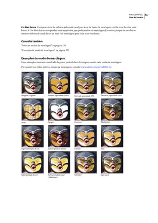 PHOTOSHOP CS3 322
                                                                                                                  Guia do Usuário



Cor Mais Escura Compara o total de todos os valores de canal para a cor de base e de mesclagem e exibe a cor de valor mais
baixo. A Cor Mais Escura não produz uma terceira cor, que pode resultar da mesclagem Escurecer, porque ela escolhe os
menores valores de canal da cor de base e de mesclagem para criar a cor resultante.


Consulte também
“Sobre os modos de mesclagem” na página 320

“Exemplos de modo de mesclagem” na página 322


Exemplos de modo de mesclagem
Esses exemplos mostram o resultado de pintar parte da face da imagem usando cada modo de mesclagem.

Para assistir um vídeo sobre os modos de mesclagem, consulte www.adobe.com/go/vid0012_br.




Imagem Original             Normal, opacidade 100%      Normal, opacidade 50%       Dissolver, opacidade 50%




Atrás                       Apagar                      Escurecer                   Multiplicar




Superexposição de cor       Superexposição Linear       Clarear                     Tela




Subexposição de cor         Subexposição Linear         Sobrepor                    Luz suave
                            (Adicionar)
 