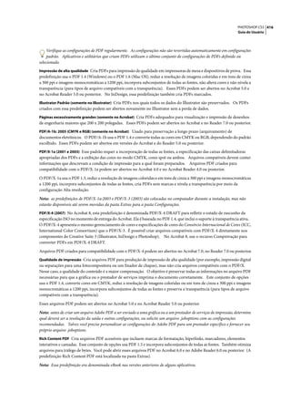 PHOTOSHOP CS3 416
                                                                                                                   Guia do Usuário




     Verifique as configurações de PDF regularmente. As configurações não são revertidas automaticamente em configurações
     padrão. Aplicativos e utilitários que criam PDFs utilizam o último conjunto de configurações de PDFs definido ou
selecionado.
Impressão de alta qualidade Cria PDFs para impressão de qualidade em impressoras de mesa e dispositivos de prova. Essa
predefinição usa o PDF 1.4 (Windows) ou o PDF 1.6 (Mac OS), reduz a resolução de imagens coloridas e em tons de cinza
a 300 ppi e imagens monocromáticas a 1200 ppi, incorpora subconjuntos de todas as fontes, não altera cores e não nivela a
transparência (para tipos de arquivo compatíveis com a transparência). Esses PDFs podem ser abertos no Acrobat 5.0 e
no Acrobat Reader 5.0 ou posterior. No InDesign, essa predefinição também cria PDFs marcados.
Illustrator Padrão (somente no Illustrator) Cria PDFs nos quais todos os dados do Illustrator são preservados. Os PDFs
criados com essa predefinição podem ser abertos novamente no Illustrator sem a perda de dados.
Páginas excessivamente grandes (somente no Acrobat) Cria PDFs adequados para visualização e impressão de desenhos
de engenharia maiores que 200 x 200 polegadas. Esses PDFs podem ser abertos no Acrobat e no Reader 7.0 ou posterior.
PDF/A-1b: 2005 (CMYK e RGB) (somente no Acrobat) Usado para preservação a longo prazo (arquivamento) de
documentos eletrônicos. O PDF/A-1b usa o PDF 1.4 e converte todas as cores em CMYK ou RGB, dependendo do padrão
escolhido. Esses PDFs podem ser abertos em versões do Acrobat e do Reader 5.0 ou posterior.
PDF/X-1a (2001 e 2003) Esse padrão requer a incorporação de todas as fontes, a especificação das caixas delimitadoras
apropriadas dos PDFs e a exibição das cores no modo CMYK, cores spot ou ambos. Arquivos compatíveis devem conter
informações que descrevam a condição de impressão para a qual foram preparados. Arquivos PDF criados para
compatibilidade com o PDF/X-1a podem ser abertos no Acrobat 4.0 e no Acrobat Reader 4.0 ou posterior.

O PDF/X-1a usa o PDF 1.3, reduz a resolução de imagens coloridas e em tons de cinza a 300 ppi e imagens monocromáticas
a 1200 ppi, incorpora subconjuntos de todas as fontes, cria PDFs sem marcas e nivela a transparência por meio da
configuração Alta resolução.

Nota: as predefinições de PDF/X-1a:2003 e PDF/X-3 (2003) são colocadas no computador durante a instalação, mas não
estarão disponíveis até serem movidas da pasta Extras para a pasta Configurações.
PDF/X-4 (2007) No Acrobat 8, esta predefinição é denominada PDF/X-4 DRAFT para refletir o estado de rascunho da
especificação ISO no momento de entrega do Acrobat. Ela é baseada no PDF 1.4, que inclui o suporte à transparência ativa.
O PDF/X-4 apresenta o mesmo gerenciamento de cores e especificações de cores do Consórcio Internacional de Cores (ICC,
International Color Consortium) que o PDF/X-3. É possível criar arquivos compatíveis com PDF/X-4 diretamente nos
componentes do Creative Suite 3 (Illustrator, InDesign e Photoshop). No Acrobat 8, use o recurso Comprovação para
converter PDFs em PDF/X-4 DRAFT.

Arquivos PDF criados para compatibilidade com o PDF/X-4 podem ser abertos no Acrobat 7.0, no Reader 7.0 ou posterior.
Qualidade de impressão Cria arquivos PDF para produção de impressão de alta qualidade (por exemplo, impressão digital
ou separações para uma fotocompositora ou um fixador de chapas), mas não cria arquivos compatíveis com o PDF/X.
Nesse caso, a qualidade do conteúdo é a maior compensação. O objetivo é preservar todas as informações no arquivo PDF
necessárias para que a gráfica ou o prestador de serviços imprima o documento corretamente. Este conjunto de opções
usa o PDF 1.4, converte cores em CMYK, reduz a resolução de imagens coloridas ou em tons de cinza a 300 ppi e imagens
monocromáticas a 1200 ppi, incorpora subconjuntos de todas as fontes e preserva a transparência (para tipos de arquivo
compatíveis com a transparência).

Esses arquivos PDF podem ser abertos no Acrobat 5.0 e no Acrobat Reader 5.0 ou posterior.

Nota: antes de criar um arquivo Adobe PDF a ser enviado a uma gráfica ou a um prestador de serviços de impressão, determine
qual deverá ser a resolução da saída e outras configurações, ou solicite um arquivo .joboptions com as configurações
recomendadas. Talvez você precise personalizar as configurações do Adobe PDF para um prestador específico e fornecer seu
próprio arquivo .joboptions.
Rich Content PDF Cria arquivos PDF acessíveis que incluem marcas de formatação, hiperlinks, marcadores, elementos
interativos e camadas. Esse conjunto de opções usa PDF 1.5 e incorpora subconjuntos de todas as fontes. Também otimiza
arquivos para tráfego de bytes. Você pode abrir esses arquivos PDF no Acrobat 6.0 e no Adobe Reader 6.0 ou posterior. (A
predefinição Rich Content PDF está localizada na pasta Extras).

Nota: Essa predefinição era denominada eBook nas versões anteriores de alguns aplicativos.
 