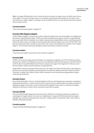 PHOTOSHOP CS3 431
                                                                                                                     Guia do Usuário




Nota: uma imagem Photoshop Raw não tem o mesmo formato de um arquivo de imagem camera raw obtido a partir de uma
câmera digital. Um arquivo de imagem camera raw corresponde ao formato patenteado específico de uma câmera, sendo
essencialmente um “negativo digital”, sem filtragem, ajustes de equilíbrio de branco ou outro tipo de processamento realizado
dentro da própria câmera.


Consulte também
“Como salvar documentos grandes” na página 412


Formato DNG (Negativo Digital)
O DNG (Negativo Digital) é um formato que contém os dados de imagem raw de uma câmera digital e os metadados que
determinam o significado desses dados. O DNG (um formato incorporado para arquivos camera raw e disponibilizado
para uso geral pela Adobe) foi projetado com o objetivo de proporcionar compatibilidade e reduzir a proliferação atual de
formatos de arquivo camera raw. O plug-in Camera Raw pode salvar dados de imagem camera raw no formato DNG. Para
obter mais informações sobre o formato de arquivo DNG, visite o site www.brasil.adobe.com e pesquise o termo “Digital
Negative”. Você encontrará informações abrangentes, além de um link para um fórum de usuários.


Consulte também
“Como salvar uma imagem Camera Raw em outro formato” na página 87


Formato BMP
O BMP é um formato de imagens padrão do Windows em computadores compatíveis com DOS e Windows que oferece
suporte para os modos de cores Bitmap, Tons de Cinza, Cores Indexadas e RGB. É possível especificar o formato Windows
ou OS/2®, além de uma profundidade de até 32 bits por canal para uma imagem. Para imagens de 4 e 8 bits que usam o
formato Windows, também é possível especificar a compactação RLE.

Imagens BMP costumam ser gravadas de baixo para cima, mas a opção Virar Ordem da Linha pode ser selecionada para
gravá-las de cima para baixo. Também é possível selecionar um método de codificação alternativo clicando em Modos
Avançados. (As opções Virar Ordem da Linha e Modos Avançados são mais relevantes para programadores de jogos e
outros usuários do DirectX.)


Formato Cineon
Desenvolvido pela Kodak, o Cineon é um formato digital de 10 bits por canal adequado para composição, manipulação e
aprimoramentos eletrônicos. Usando o formato Cineon, é possível reverter a saída para filme sem resultar em perdas na
qualidade da imagem. Esse formato é usado no Sistema de Filmes Digitais Cineon, que faz a transferência de imagens
originadas em filme para o formato Cineon, retornando-as para filme em seguida.


Formato DICOM
O formato DICOM (Digital Imaging and Communications in Medicine) é normalmente usado para a transferência e
armazenagem de imagens médicas, como ultra-sons e digitalizações. Os arquivos DICOM contêm dados de imagem e
cabeçalhos, que armazenam informações sobre o paciente e a imagem médica. É possível abrir, editar e salvar arquivos
DICOM no Photoshop Extended.


Consulte também
“Arquivos DICOM (Photoshop Extended)” na página 554
 
