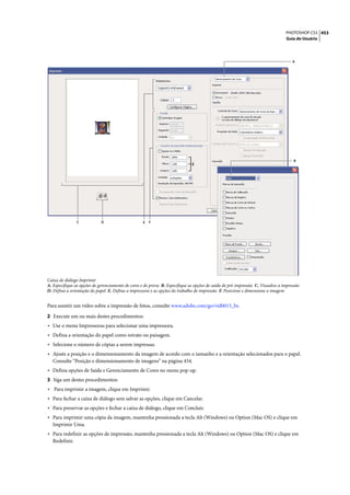 PHOTOSHOP CS3 453
                                                                                                                                 Guia do Usuário




                                                                                                                                     A




                                                                                                                                      B




                C            D                      E   F




Caixa de diálogo Imprimir
A. Especifique as opções de gerenciamento de cores e de prova B. Especifique as opções de saída de pré-impressão C. Visualize a impressão
D. Defina a orientação do papel E. Defina a impressora e as opções do trabalho de impressão F. Posicione e dimensione a imagem


Para assistir um vídeo sobre a impressão de fotos, consulte www.adobe.com/go/vid0015_br.

2 Execute um ou mais destes procedimentos:
• Use o menu Impressoras para selecionar uma impressora.
• Defina a orientação do papel como retrato ou paisagem.
• Selecione o número de cópias a serem impressas.
• Ajuste a posição e o dimensionamento da imagem de acordo com o tamanho e a orientação selecionados para o papel.
   Consulte “Posição e dimensionamento de imagens” na página 454.
• Defina opções de Saída e Gerenciamento de Cores no menu pop-up.
3 Siga um destes procedimentos:
• Para imprimir a imagem, clique em Imprimir.
• Para fechar a caixa de diálogo sem salvar as opções, clique em Cancelar.
• Para preservar as opções e fechar a caixa de diálogo, clique em Concluir.
• Para imprimir uma cópia da imagem, mantenha pressionada a tecla Alt (Windows) ou Option (Mac OS) e clique em
   Imprimir Uma.
• Para redefinir as opções de impressão, mantenha pressionada a tecla Alt (Windows) ou Option (Mac OS) e clique em
   Redefinir.
 