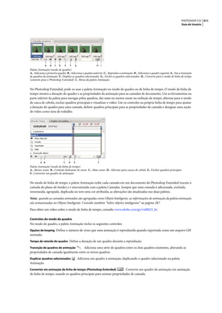 PHOTOSHOP CS3 511
                                                                                                                                  Guia do Usuário




            A    B   C   D    E   F   G                  H    I
Paleta Animação (modo de quadro)
A.. Seleciona o primeiro quadro B.. Seleciona o quadro anterior C.. Reproduz a animação D.. Seleciona o quadro seguinte E.. Faz a transição
de quadros de animação F.. Duplica os quadros selecionados G.. Exclui os quadros selecionados H.. Converte para o modo de linha de tempo
(somente para o Photoshop Extended) I.. Menu da paleta Animação


No Photoshop Extended, pode-se usar a paleta Animação no modo de quadro ou de linha de tempo. O modo de linha de
tempo mostra a duração do quadro e as propriedades da animação para as camadas de documento. Use as ferramentas na
parte inferior da paleta para navegar pelos quadros, dar mais ou menos zoom na exibição de tempo, alternar para o modo
de casca de cebola, excluir quadros principais e visualizar o vídeo. Use os controles na própria linha de tempo para ajustar
a duração do quadro para uma camada, definir quadros principais para as propriedades de camada e designar uma seção
do vídeo como área de trabalho.




         A B                 C    D   E                   F
Paleta Animação (modo de linha de tempo)
A.. Menos zoom B.. Controle deslizante de zoom C.. Mais zoom D.. Alternar para cascas de cebola E.. Excluir quadros principais
F.. Converter em quadro de animação


No modo de linha de tempo, a paleta Animação exibe cada camada em um documento do Photoshop Extended (exceto a
camada do plano de fundo) e é sincronizada com a paleta Camadas. Sempre que uma camada é adicionada, excluída,
renomeada, agrupada, duplicada ou tem uma cor atribuída, as alterações são atualizadas nas duas paletas.

Nota: quando as camadas animadas são agrupadas como Objeto Inteligente, as informações de animação da paleta animação
são armazenadas no Objeto Inteligente. Consulte também “Sobre objetos inteligentes” na página 287.

Para obter um vídeo sobre o modo de linha de tempo, consulte www.adobe.com/go/vid0023_br.

Controles do modo de quadro
No modo de quadro, a paleta Animação inclui os seguintes controles:
Opções de looping Define o número de vezes que uma animação é reproduzida quando exportada como um arquivo GIF
animado.
Tempo de retardo do quadro Define a duração de um quadro durante a reprodução.

Transição de quadros de animação      Adiciona uma série de quadros entre os dois quadros existentes, alterando as
propriedades de camada igualmente entre os novos quadros.
Duplicar quadros selecionados             Adiciona um quadro à animação, duplicando o quadro selecionado na paleta
Animação.
Converter em animação de linha de tempo (Photoshop Extended)         Converte um quadro de animação em animação
de linha de tempo, usando os quadros principais para animar propriedades de camada.
 