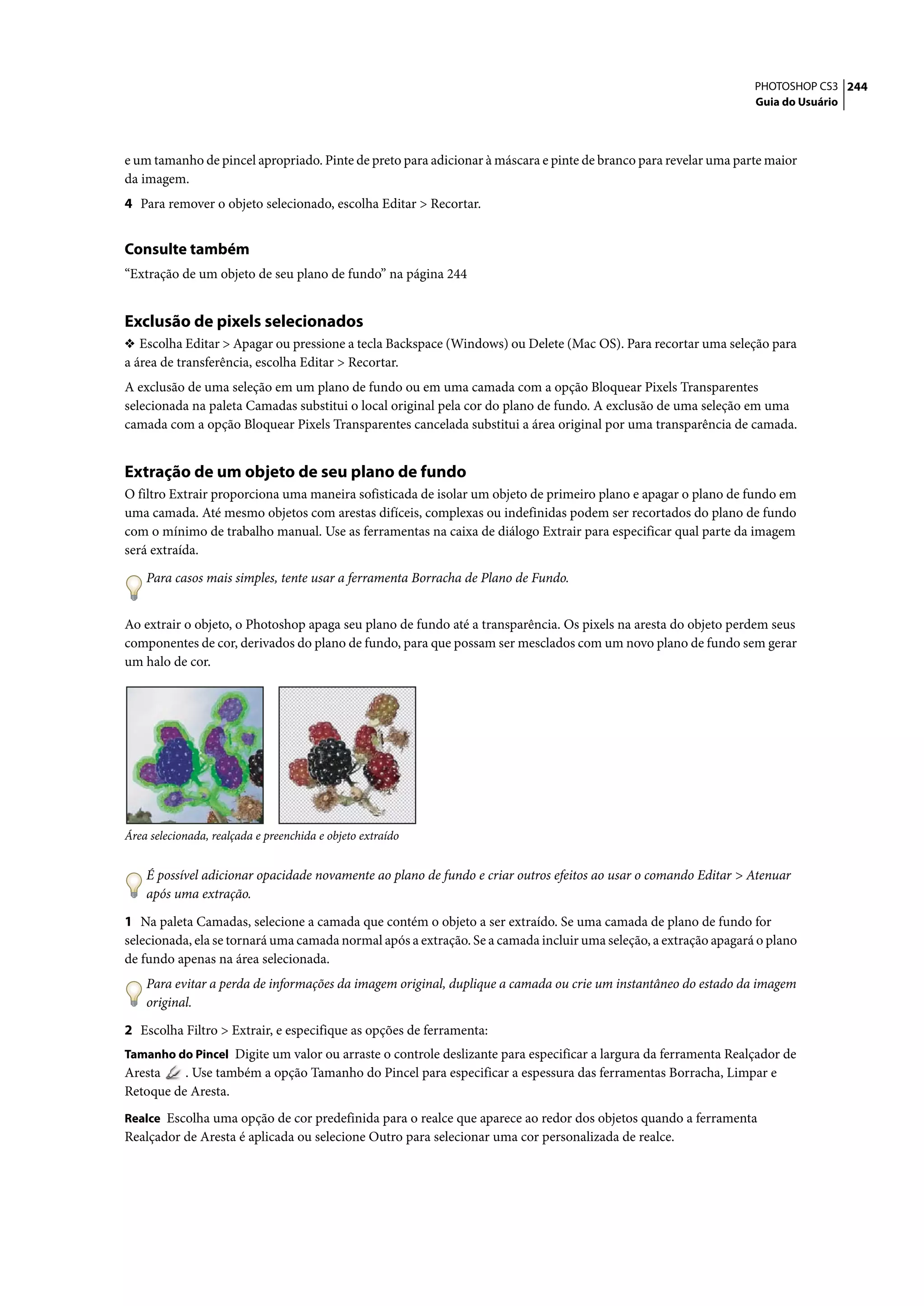 PHOTOSHOP CS3 244
                                                                                                                  Guia do Usuário




e um tamanho de pincel apropriado. Pinte de preto para adicionar à máscara e pinte de branco para revelar uma parte maior
da imagem.
4 Para remover o objeto selecionado, escolha Editar > Recortar.


Consulte também
“Extração de um objeto de seu plano de fundo” na página 244


Exclusão de pixels selecionados
❖ Escolha Editar > Apagar ou pressione a tecla Backspace (Windows) ou Delete (Mac OS). Para recortar uma seleção para
a área de transferência, escolha Editar > Recortar.
A exclusão de uma seleção em um plano de fundo ou em uma camada com a opção Bloquear Pixels Transparentes
selecionada na paleta Camadas substitui o local original pela cor do plano de fundo. A exclusão de uma seleção em uma
camada com a opção Bloquear Pixels Transparentes cancelada substitui a área original por uma transparência de camada.


Extração de um objeto de seu plano de fundo
O filtro Extrair proporciona uma maneira sofisticada de isolar um objeto de primeiro plano e apagar o plano de fundo em
uma camada. Até mesmo objetos com arestas difíceis, complexas ou indefinidas podem ser recortados do plano de fundo
com o mínimo de trabalho manual. Use as ferramentas na caixa de diálogo Extrair para especificar qual parte da imagem
será extraída.

    Para casos mais simples, tente usar a ferramenta Borracha de Plano de Fundo.


Ao extrair o objeto, o Photoshop apaga seu plano de fundo até a transparência. Os pixels na aresta do objeto perdem seus
componentes de cor, derivados do plano de fundo, para que possam ser mesclados com um novo plano de fundo sem gerar
um halo de cor.




Área selecionada, realçada e preenchida e objeto extraído


    É possível adicionar opacidade novamente ao plano de fundo e criar outros efeitos ao usar o comando Editar > Atenuar
    após uma extração.

1 Na paleta Camadas, selecione a camada que contém o objeto a ser extraído. Se uma camada de plano de fundo for
selecionada, ela se tornará uma camada normal após a extração. Se a camada incluir uma seleção, a extração apagará o plano
de fundo apenas na área selecionada.
    Para evitar a perda de informações da imagem original, duplique a camada ou crie um instantâneo do estado da imagem
    original.

2 Escolha Filtro > Extrair, e especifique as opções de ferramenta:
Tamanho do Pincel Digite um valor ou arraste o controle deslizante para especificar a largura da ferramenta Realçador de
Aresta    . Use também a opção Tamanho do Pincel para especificar a espessura das ferramentas Borracha, Limpar e
Retoque de Aresta.
Realce Escolha uma opção de cor predefinida para o realce que aparece ao redor dos objetos quando a ferramenta
Realçador de Aresta é aplicada ou selecione Outro para selecionar uma cor personalizada de realce.
 