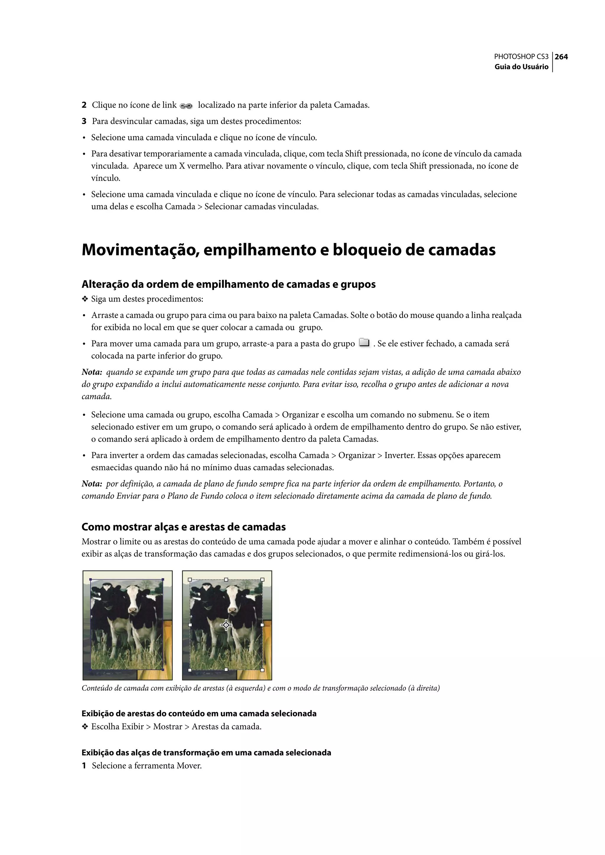 PHOTOSHOP CS3 264
                                                                                                                          Guia do Usuário




2 Clique no ícone de link          localizado na parte inferior da paleta Camadas.
3 Para desvincular camadas, siga um destes procedimentos:
• Selecione uma camada vinculada e clique no ícone de vínculo.
• Para desativar temporariamente a camada vinculada, clique, com tecla Shift pressionada, no ícone de vínculo da camada
  vinculada. Aparece um X vermelho. Para ativar novamente o vínculo, clique, com tecla Shift pressionada, no ícone de
  vínculo.
• Selecione uma camada vinculada e clique no ícone de vínculo. Para selecionar todas as camadas vinculadas, selecione
  uma delas e escolha Camada > Selecionar camadas vinculadas.




Movimentação, empilhamento e bloqueio de camadas
Alteração da ordem de empilhamento de camadas e grupos
❖ Siga um destes procedimentos:
• Arraste a camada ou grupo para cima ou para baixo na paleta Camadas. Solte o botão do mouse quando a linha realçada
  for exibida no local em que se quer colocar a camada ou grupo.
• Para mover uma camada para um grupo, arraste-a para a pasta do grupo                  . Se ele estiver fechado, a camada será
  colocada na parte inferior do grupo.
Nota: quando se expande um grupo para que todas as camadas nele contidas sejam vistas, a adição de uma camada abaixo
do grupo expandido a inclui automaticamente nesse conjunto. Para evitar isso, recolha o grupo antes de adicionar a nova
camada.

• Selecione uma camada ou grupo, escolha Camada > Organizar e escolha um comando no submenu. Se o item
  selecionado estiver em um grupo, o comando será aplicado à ordem de empilhamento dentro do grupo. Se não estiver,
  o comando será aplicado à ordem de empilhamento dentro da paleta Camadas.
• Para inverter a ordem das camadas selecionadas, escolha Camada > Organizar > Inverter. Essas opções aparecem
  esmaecidas quando não há no mínimo duas camadas selecionadas.
Nota: por definição, a camada de plano de fundo sempre fica na parte inferior da ordem de empilhamento. Portanto, o
comando Enviar para o Plano de Fundo coloca o item selecionado diretamente acima da camada de plano de fundo.


Como mostrar alças e arestas de camadas
Mostrar o limite ou as arestas do conteúdo de uma camada pode ajudar a mover e alinhar o conteúdo. Também é possível
exibir as alças de transformação das camadas e dos grupos selecionados, o que permite redimensioná-los ou girá-los.




Conteúdo de camada com exibição de arestas (à esquerda) e com o modo de transformação selecionado (à direita)


Exibição de arestas do conteúdo em uma camada selecionada
❖ Escolha Exibir > Mostrar > Arestas da camada.


Exibição das alças de transformação em uma camada selecionada
1 Selecione a ferramenta Mover.
 