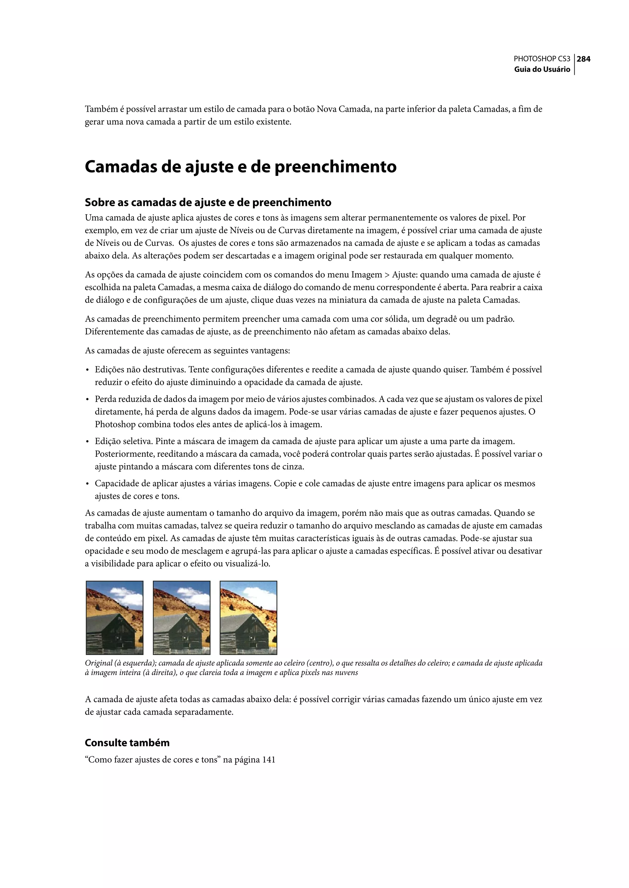 PHOTOSHOP CS3 284
                                                                                                                                      Guia do Usuário




Também é possível arrastar um estilo de camada para o botão Nova Camada, na parte inferior da paleta Camadas, a fim de
gerar uma nova camada a partir de um estilo existente.




Camadas de ajuste e de preenchimento
Sobre as camadas de ajuste e de preenchimento
Uma camada de ajuste aplica ajustes de cores e tons às imagens sem alterar permanentemente os valores de pixel. Por
exemplo, em vez de criar um ajuste de Níveis ou de Curvas diretamente na imagem, é possível criar uma camada de ajuste
de Níveis ou de Curvas. Os ajustes de cores e tons são armazenados na camada de ajuste e se aplicam a todas as camadas
abaixo dela. As alterações podem ser descartadas e a imagem original pode ser restaurada em qualquer momento.

As opções da camada de ajuste coincidem com os comandos do menu Imagem > Ajuste: quando uma camada de ajuste é
escolhida na paleta Camadas, a mesma caixa de diálogo do comando de menu correspondente é aberta. Para reabrir a caixa
de diálogo e de configurações de um ajuste, clique duas vezes na miniatura da camada de ajuste na paleta Camadas.

As camadas de preenchimento permitem preencher uma camada com uma cor sólida, um degradê ou um padrão.
Diferentemente das camadas de ajuste, as de preenchimento não afetam as camadas abaixo delas.

As camadas de ajuste oferecem as seguintes vantagens:

• Edições não destrutivas. Tente configurações diferentes e reedite a camada de ajuste quando quiser. Também é possível
   reduzir o efeito do ajuste diminuindo a opacidade da camada de ajuste.
• Perda reduzida de dados da imagem por meio de vários ajustes combinados. A cada vez que se ajustam os valores de pixel
   diretamente, há perda de alguns dados da imagem. Pode-se usar várias camadas de ajuste e fazer pequenos ajustes. O
   Photoshop combina todos eles antes de aplicá-los à imagem.
• Edição seletiva. Pinte a máscara de imagem da camada de ajuste para aplicar um ajuste a uma parte da imagem.
   Posteriormente, reeditando a máscara da camada, você poderá controlar quais partes serão ajustadas. É possível variar o
   ajuste pintando a máscara com diferentes tons de cinza.
• Capacidade de aplicar ajustes a várias imagens. Copie e cole camadas de ajuste entre imagens para aplicar os mesmos
   ajustes de cores e tons.
As camadas de ajuste aumentam o tamanho do arquivo da imagem, porém não mais que as outras camadas. Quando se
trabalha com muitas camadas, talvez se queira reduzir o tamanho do arquivo mesclando as camadas de ajuste em camadas
de conteúdo em pixel. As camadas de ajuste têm muitas características iguais às de outras camadas. Pode-se ajustar sua
opacidade e seu modo de mesclagem e agrupá-las para aplicar o ajuste a camadas específicas. É possível ativar ou desativar
a visibilidade para aplicar o efeito ou visualizá-lo.




Original (à esquerda); camada de ajuste aplicada somente ao celeiro (centro), o que ressalta os detalhes do celeiro; e camada de ajuste aplicada
à imagem inteira (à direita), o que clareia toda a imagem e aplica pixels nas nuvens


A camada de ajuste afeta todas as camadas abaixo dela: é possível corrigir várias camadas fazendo um único ajuste em vez
de ajustar cada camada separadamente.


Consulte também
“Como fazer ajustes de cores e tons” na página 141
 