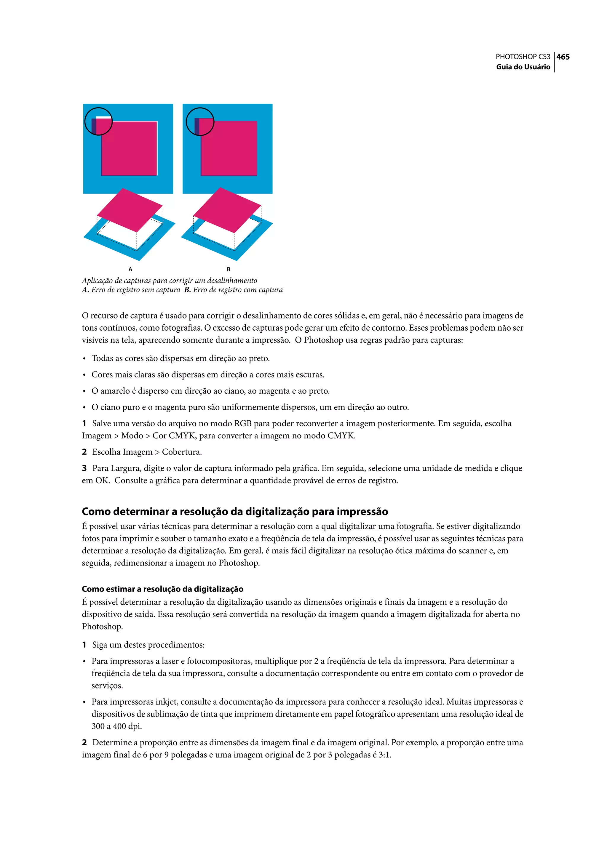 PHOTOSHOP CS3 465
                                                                                                                    Guia do Usuário




              A                              B
Aplicação de capturas para corrigir um desalinhamento
A. Erro de registro sem captura B. Erro de registro com captura


O recurso de captura é usado para corrigir o desalinhamento de cores sólidas e, em geral, não é necessário para imagens de
tons contínuos, como fotografias. O excesso de capturas pode gerar um efeito de contorno. Esses problemas podem não ser
visíveis na tela, aparecendo somente durante a impressão. O Photoshop usa regras padrão para capturas:

• Todas as cores são dispersas em direção ao preto.
• Cores mais claras são dispersas em direção a cores mais escuras.
• O amarelo é disperso em direção ao ciano, ao magenta e ao preto.
• O ciano puro e o magenta puro são uniformemente dispersos, um em direção ao outro.
1 Salve uma versão do arquivo no modo RGB para poder reconverter a imagem posteriormente. Em seguida, escolha
Imagem > Modo > Cor CMYK, para converter a imagem no modo CMYK.
2 Escolha Imagem > Cobertura.
3 Para Largura, digite o valor de captura informado pela gráfica. Em seguida, selecione uma unidade de medida e clique
em OK. Consulte a gráfica para determinar a quantidade provável de erros de registro.


Como determinar a resolução da digitalização para impressão
É possível usar várias técnicas para determinar a resolução com a qual digitalizar uma fotografia. Se estiver digitalizando
fotos para imprimir e souber o tamanho exato e a freqüência de tela da impressão, é possível usar as seguintes técnicas para
determinar a resolução da digitalização. Em geral, é mais fácil digitalizar na resolução ótica máxima do scanner e, em
seguida, redimensionar a imagem no Photoshop.

Como estimar a resolução da digitalização
É possível determinar a resolução da digitalização usando as dimensões originais e finais da imagem e a resolução do
dispositivo de saída. Essa resolução será convertida na resolução da imagem quando a imagem digitalizada for aberta no
Photoshop.

1 Siga um destes procedimentos:
• Para impressoras a laser e fotocompositoras, multiplique por 2 a freqüência de tela da impressora. Para determinar a
   freqüência de tela da sua impressora, consulte a documentação correspondente ou entre em contato com o provedor de
   serviços.
• Para impressoras inkjet, consulte a documentação da impressora para conhecer a resolução ideal. Muitas impressoras e
   dispositivos de sublimação de tinta que imprimem diretamente em papel fotográfico apresentam uma resolução ideal de
   300 a 400 dpi.
2 Determine a proporção entre as dimensões da imagem final e da imagem original. Por exemplo, a proporção entre uma
imagem final de 6 por 9 polegadas e uma imagem original de 2 por 3 polegadas é 3:1.
 