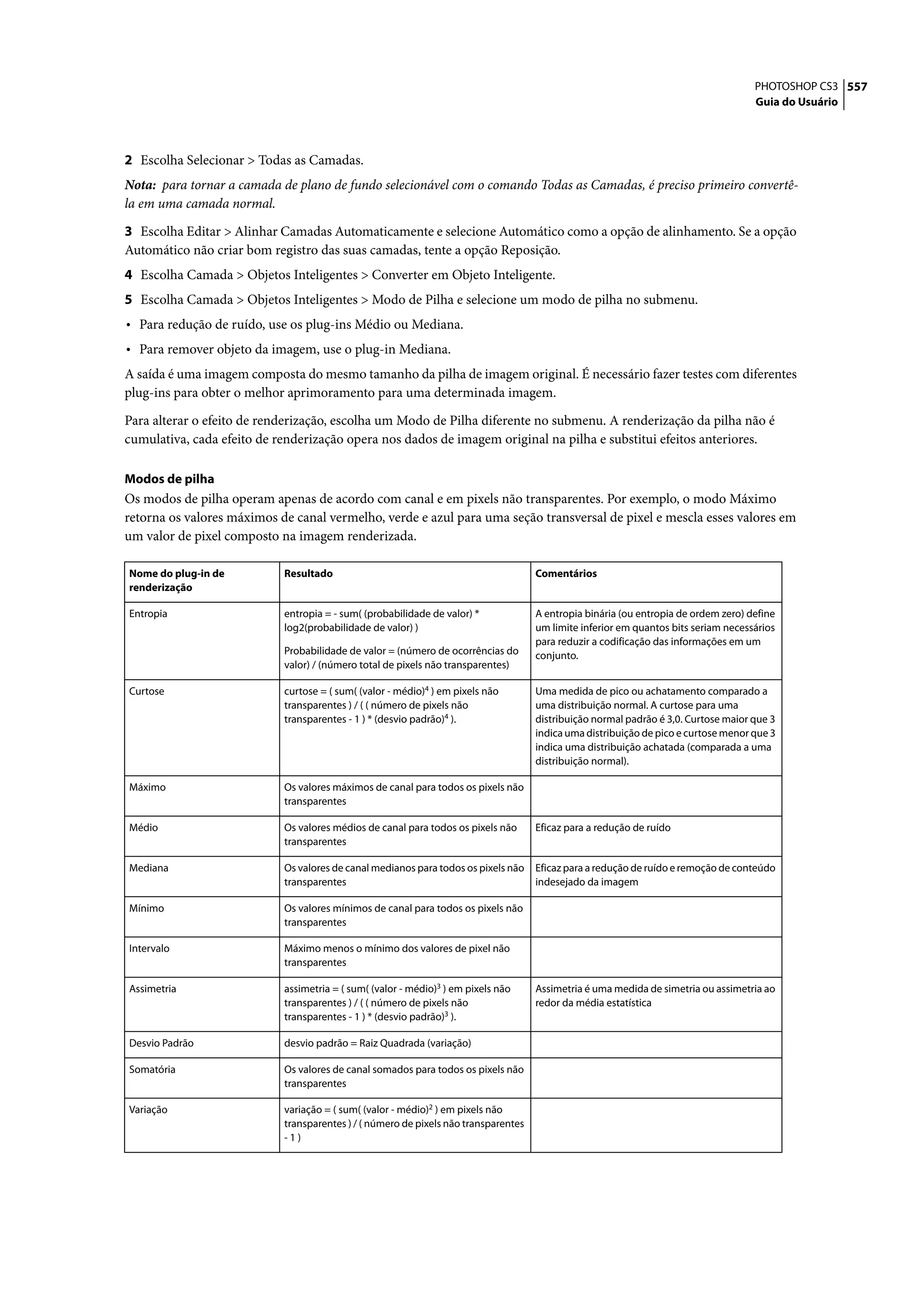 PHOTOSHOP CS3 557
                                                                                                                                     Guia do Usuário




2 Escolha Selecionar > Todas as Camadas.
Nota: para tornar a camada de plano de fundo selecionável com o comando Todas as Camadas, é preciso primeiro convertê-
la em uma camada normal.

3 Escolha Editar > Alinhar Camadas Automaticamente e selecione Automático como a opção de alinhamento. Se a opção
Automático não criar bom registro das suas camadas, tente a opção Reposição.
4 Escolha Camada > Objetos Inteligentes > Converter em Objeto Inteligente.
5 Escolha Camada > Objetos Inteligentes > Modo de Pilha e selecione um modo de pilha no submenu.
• Para redução de ruído, use os plug-ins Médio ou Mediana.
• Para remover objeto da imagem, use o plug-in Mediana.
A saída é uma imagem composta do mesmo tamanho da pilha de imagem original. É necessário fazer testes com diferentes
plug-ins para obter o melhor aprimoramento para uma determinada imagem.

Para alterar o efeito de renderização, escolha um Modo de Pilha diferente no submenu. A renderização da pilha não é
cumulativa, cada efeito de renderização opera nos dados de imagem original na pilha e substitui efeitos anteriores.

Modos de pilha
Os modos de pilha operam apenas de acordo com canal e em pixels não transparentes. Por exemplo, o modo Máximo
retorna os valores máximos de canal vermelho, verde e azul para uma seção transversal de pixel e mescla esses valores em
um valor de pixel composto na imagem renderizada.

Nome do plug-in de          Resultado                                                Comentários
renderização

Entropia                    entropia = - sum( (probabilidade de valor) *             A entropia binária (ou entropia de ordem zero) define
                            log2(probabilidade de valor) )                           um limite inferior em quantos bits seriam necessários
                                                                                     para reduzir a codificação das informações em um
                            Probabilidade de valor = (número de ocorrências do       conjunto.
                            valor) / (número total de pixels não transparentes)

Curtose                     curtose = ( sum( (valor - médio)4 ) em pixels não        Uma medida de pico ou achatamento comparado a
                            transparentes ) / ( ( número de pixels não               uma distribuição normal. A curtose para uma
                            transparentes - 1 ) * (desvio padrão)4 ).                distribuição normal padrão é 3,0. Curtose maior que 3
                                                                                     indica uma distribuição de pico e curtose menor que 3
                                                                                     indica uma distribuição achatada (comparada a uma
                                                                                     distribuição normal).

Máximo                      Os valores máximos de canal para todos os pixels não
                            transparentes

Médio                       Os valores médios de canal para todos os pixels não      Eficaz para a redução de ruído
                            transparentes

Mediana                     Os valores de canal medianos para todos os pixels não    Eficaz para a redução de ruído e remoção de conteúdo
                            transparentes                                            indesejado da imagem

Mínimo                      Os valores mínimos de canal para todos os pixels não
                            transparentes

Intervalo                   Máximo menos o mínimo dos valores de pixel não
                            transparentes

Assimetria                  assimetria = ( sum( (valor - médio)3 ) em pixels não     Assimetria é uma medida de simetria ou assimetria ao
                            transparentes ) / ( ( número de pixels não               redor da média estatística
                            transparentes - 1 ) * (desvio padrão)3 ).

Desvio Padrão               desvio padrão = Raiz Quadrada (variação)

Somatória                   Os valores de canal somados para todos os pixels não
                            transparentes

Variação                    variação = ( sum( (valor - médio)2 ) em pixels não
                            transparentes ) / ( número de pixels não transparentes
                            -1)
 