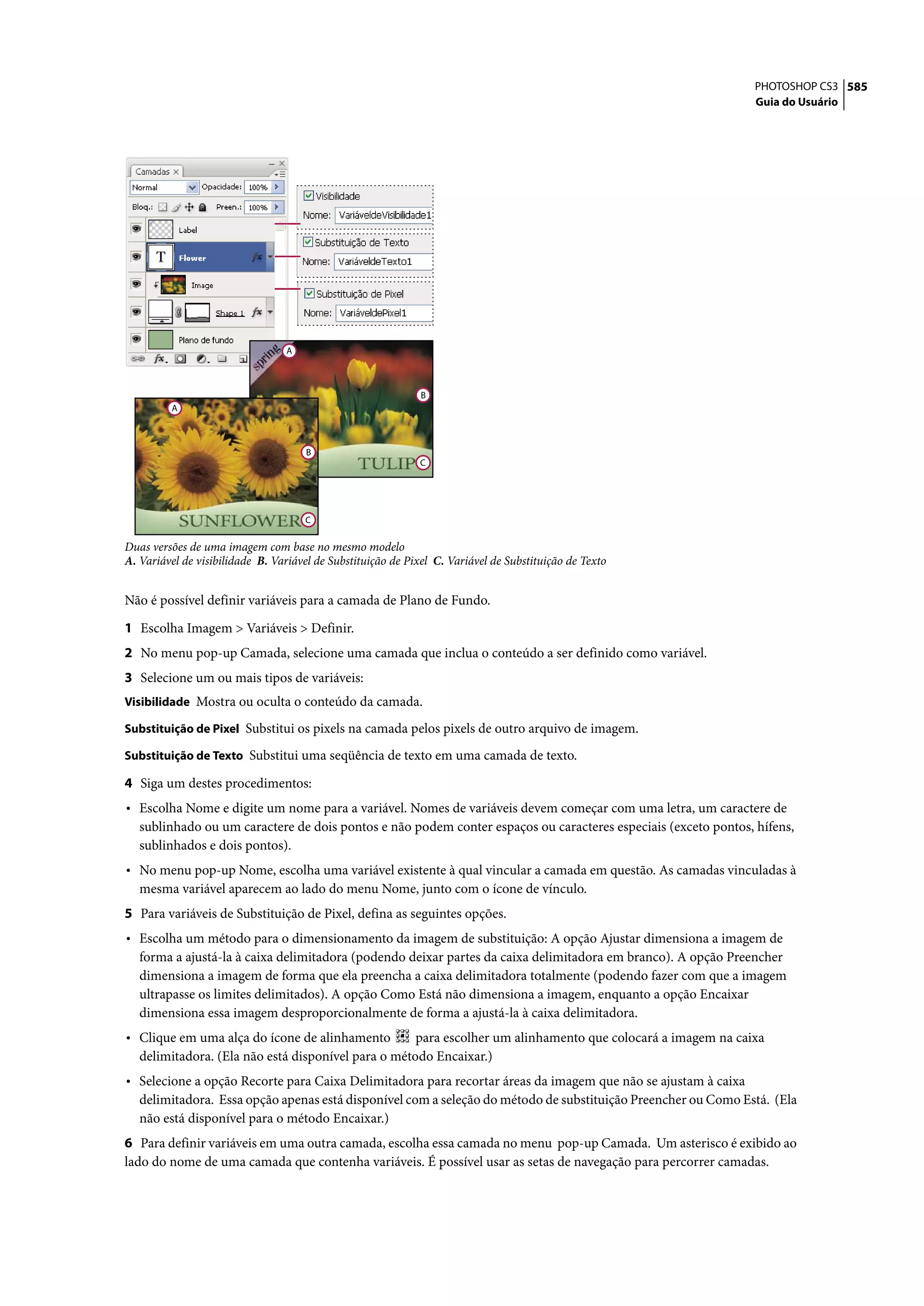 PHOTOSHOP CS3 585
                                                                                                                Guia do Usuário




                                 A



                                                              B
         A



                                      B
                                                             C




                                     C

Duas versões de uma imagem com base no mesmo modelo
A. Variável de visibilidade B. Variável de Substituição de Pixel C. Variável de Substituição de Texto


Não é possível definir variáveis para a camada de Plano de Fundo.

1 Escolha Imagem > Variáveis > Definir.
2 No menu pop-up Camada, selecione uma camada que inclua o conteúdo a ser definido como variável.
3 Selecione um ou mais tipos de variáveis:
Visibilidade Mostra ou oculta o conteúdo da camada.

Substituição de Pixel Substitui os pixels na camada pelos pixels de outro arquivo de imagem.

Substituição de Texto Substitui uma seqüência de texto em uma camada de texto.

4 Siga um destes procedimentos:
• Escolha Nome e digite um nome para a variável. Nomes de variáveis devem começar com uma letra, um caractere de
   sublinhado ou um caractere de dois pontos e não podem conter espaços ou caracteres especiais (exceto pontos, hífens,
   sublinhados e dois pontos).
• No menu pop-up Nome, escolha uma variável existente à qual vincular a camada em questão. As camadas vinculadas à
   mesma variável aparecem ao lado do menu Nome, junto com o ícone de vínculo.
5 Para variáveis de Substituição de Pixel, defina as seguintes opções.
• Escolha um método para o dimensionamento da imagem de substituição: A opção Ajustar dimensiona a imagem de
   forma a ajustá-la à caixa delimitadora (podendo deixar partes da caixa delimitadora em branco). A opção Preencher
   dimensiona a imagem de forma que ela preencha a caixa delimitadora totalmente (podendo fazer com que a imagem
   ultrapasse os limites delimitados). A opção Como Está não dimensiona a imagem, enquanto a opção Encaixar
   dimensiona essa imagem desproporcionalmente de forma a ajustá-la à caixa delimitadora.
• Clique em uma alça do ícone de alinhamento         para escolher um alinhamento que colocará a imagem na caixa
   delimitadora. (Ela não está disponível para o método Encaixar.)
• Selecione a opção Recorte para Caixa Delimitadora para recortar áreas da imagem que não se ajustam à caixa
   delimitadora. Essa opção apenas está disponível com a seleção do método de substituição Preencher ou Como Está. (Ela
   não está disponível para o método Encaixar.)
6 Para definir variáveis em uma outra camada, escolha essa camada no menu pop-up Camada. Um asterisco é exibido ao
lado do nome de uma camada que contenha variáveis. É possível usar as setas de navegação para percorrer camadas.
 
