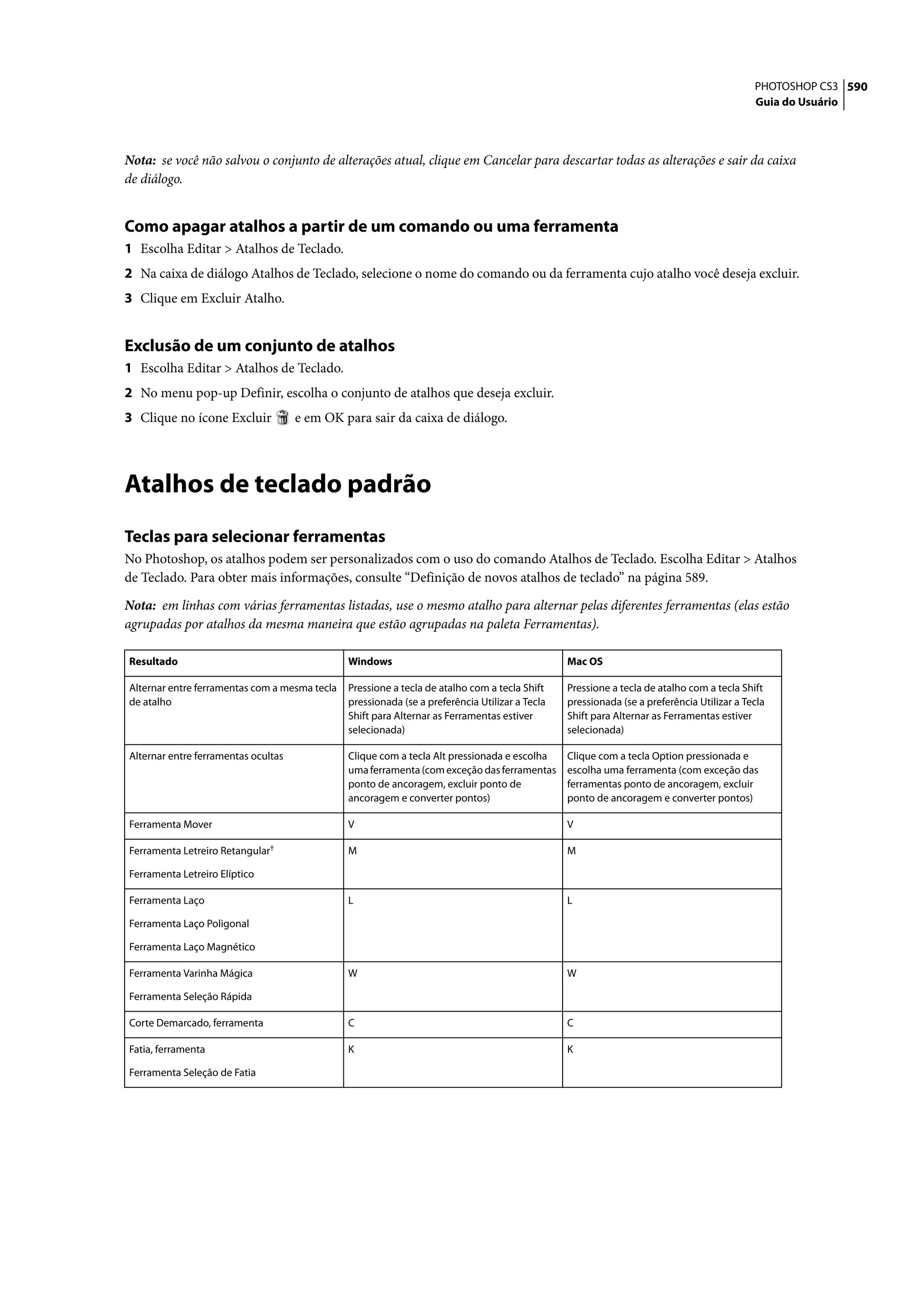 PHOTOSHOP CS3 590
                                                                                                                                           Guia do Usuário




Nota: se você não salvou o conjunto de alterações atual, clique em Cancelar para descartar todas as alterações e sair da caixa
de diálogo.


Como apagar atalhos a partir de um comando ou uma ferramenta
1 Escolha Editar > Atalhos de Teclado.
2 Na caixa de diálogo Atalhos de Teclado, selecione o nome do comando ou da ferramenta cujo atalho você deseja excluir.
3 Clique em Excluir Atalho.


Exclusão de um conjunto de atalhos
1 Escolha Editar > Atalhos de Teclado.
2 No menu pop-up Definir, escolha o conjunto de atalhos que deseja excluir.
3 Clique no ícone Excluir            e em OK para sair da caixa de diálogo.




Atalhos de teclado padrão
Teclas para selecionar ferramentas
No Photoshop, os atalhos podem ser personalizados com o uso do comando Atalhos de Teclado. Escolha Editar > Atalhos
de Teclado. Para obter mais informações, consulte “Definição de novos atalhos de teclado” na página 589.

Nota: em linhas com várias ferramentas listadas, use o mesmo atalho para alternar pelas diferentes ferramentas (elas estão
agrupadas por atalhos da mesma maneira que estão agrupadas na paleta Ferramentas).

Resultado                                      Windows                                          Mac OS

Alternar entre ferramentas com a mesma tecla   Pressione a tecla de atalho com a tecla Shift    Pressione a tecla de atalho com a tecla Shift
de atalho                                      pressionada (se a preferência Utilizar a Tecla   pressionada (se a preferência Utilizar a Tecla
                                               Shift para Alternar as Ferramentas estiver       Shift para Alternar as Ferramentas estiver
                                               selecionada)                                     selecionada)

Alternar entre ferramentas ocultas             Clique com a tecla Alt pressionada e escolha     Clique com a tecla Option pressionada e
                                               uma ferramenta (com exceção das ferramentas      escolha uma ferramenta (com exceção das
                                               ponto de ancoragem, excluir ponto de             ferramentas ponto de ancoragem, excluir
                                               ancoragem e converter pontos)                    ponto de ancoragem e converter pontos)

Ferramenta Mover                               V                                                V

Ferramenta Letreiro Retangular†                M                                                M

Ferramenta Letreiro Elíptico

Ferramenta Laço                                L                                                L

Ferramenta Laço Poligonal

Ferramenta Laço Magnético

Ferramenta Varinha Mágica                      W                                                W

Ferramenta Seleção Rápida

Corte Demarcado, ferramenta                    C                                                C

Fatia, ferramenta                              K                                                K

Ferramenta Seleção de Fatia
 