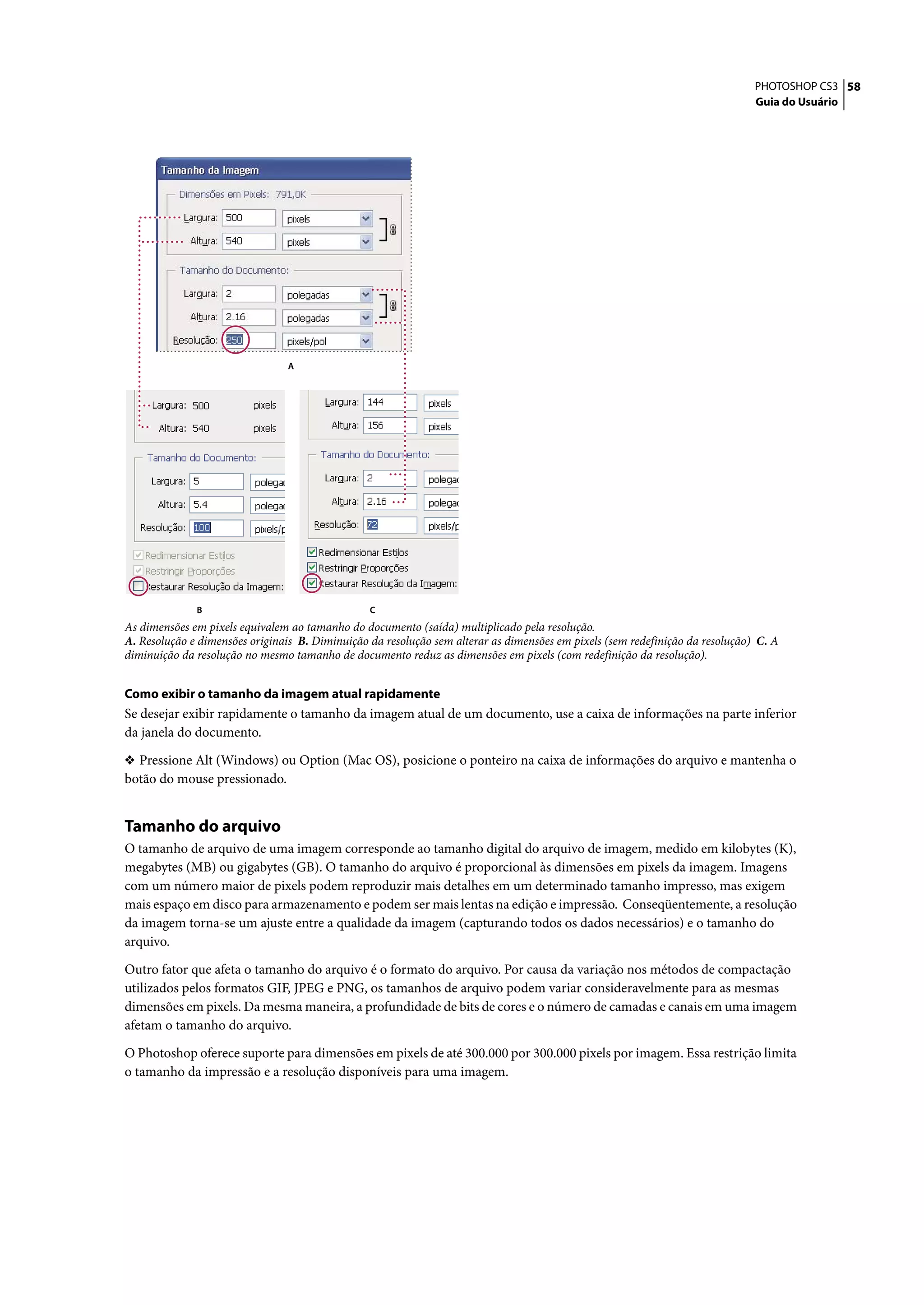 PHOTOSHOP CS3 58
                                                                                                                               Guia do Usuário




                                A




              B                                  C
As dimensões em pixels equivalem ao tamanho do documento (saída) multiplicado pela resolução.
A. Resolução e dimensões originais B. Diminuição da resolução sem alterar as dimensões em pixels (sem redefinição da resolução) C. A
diminuição da resolução no mesmo tamanho de documento reduz as dimensões em pixels (com redefinição da resolução).


Como exibir o tamanho da imagem atual rapidamente
Se desejar exibir rapidamente o tamanho da imagem atual de um documento, use a caixa de informações na parte inferior
da janela do documento.

❖ Pressione Alt (Windows) ou Option (Mac OS), posicione o ponteiro na caixa de informações do arquivo e mantenha o
botão do mouse pressionado.


Tamanho do arquivo
O tamanho de arquivo de uma imagem corresponde ao tamanho digital do arquivo de imagem, medido em kilobytes (K),
megabytes (MB) ou gigabytes (GB). O tamanho do arquivo é proporcional às dimensões em pixels da imagem. Imagens
com um número maior de pixels podem reproduzir mais detalhes em um determinado tamanho impresso, mas exigem
mais espaço em disco para armazenamento e podem ser mais lentas na edição e impressão. Conseqüentemente, a resolução
da imagem torna-se um ajuste entre a qualidade da imagem (capturando todos os dados necessários) e o tamanho do
arquivo.

Outro fator que afeta o tamanho do arquivo é o formato do arquivo. Por causa da variação nos métodos de compactação
utilizados pelos formatos GIF, JPEG e PNG, os tamanhos de arquivo podem variar consideravelmente para as mesmas
dimensões em pixels. Da mesma maneira, a profundidade de bits de cores e o número de camadas e canais em uma imagem
afetam o tamanho do arquivo.

O Photoshop oferece suporte para dimensões em pixels de até 300.000 por 300.000 pixels por imagem. Essa restrição limita
o tamanho da impressão e a resolução disponíveis para uma imagem.
 