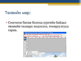 Төлвийн мөр:
• Сонгосон багаж болоод зургийн байдал
төлвийн талаарх мэдээлэл, тохируулгууд
гарна.

 