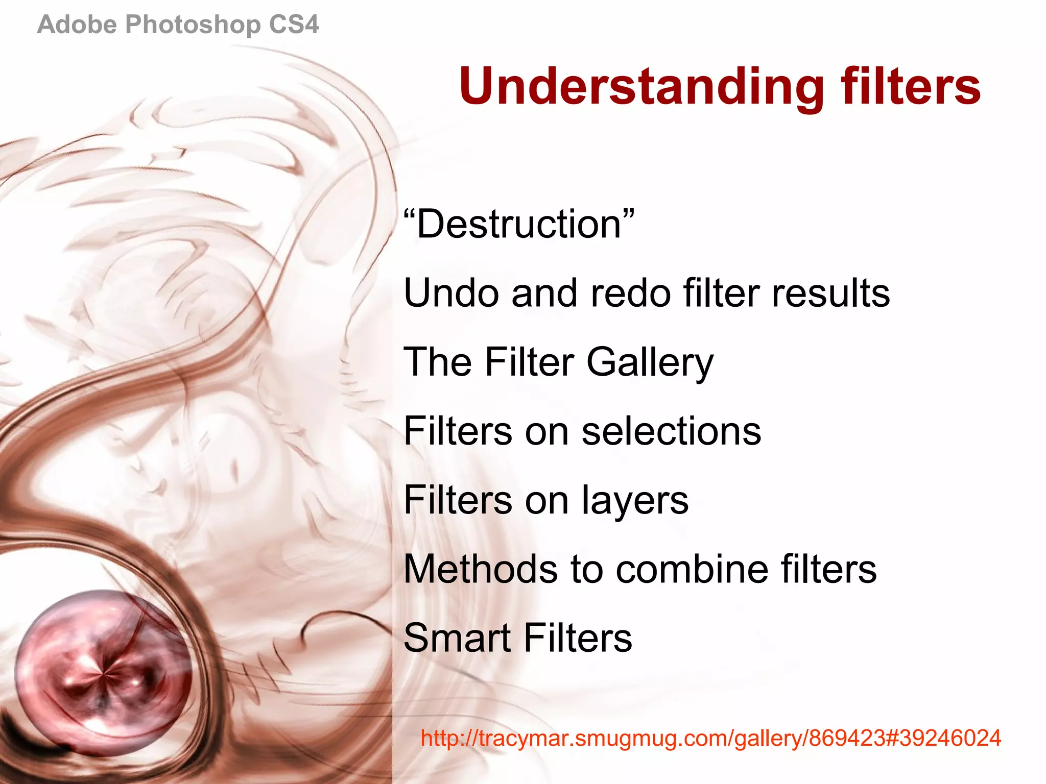 Adobe Photoshop CS4
Understanding filters
“Destruction”
Undo and redo filter results
The Filter Gallery
Filters on selections
Filters on layers
Methods to combine filters
Smart Filters
http://tracymar.smugmug.com/gallery/869423#39246024
 