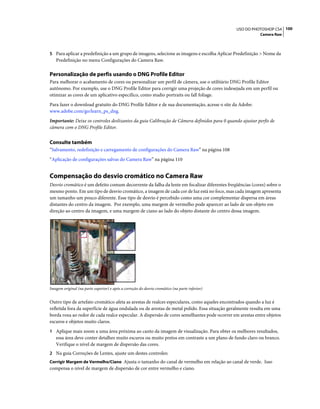 100USO DO PHOTOSHOP CS4
Camera Raw
5 Para aplicar a predefinição a um grupo de imagens, selecione as imagens e escolha Aplicar Predefinição > Nome da
Predefinição no menu Configurações do Camera Raw.
Personalização de perfis usando o DNG Profile Editor
Para melhorar o acabamento de cores ou personalizar um perfil de câmera, use o utilitário DNG Profile Editor
autônomo. Por exemplo, use o DNG Profile Editor para corrigir uma projeção de cores indesejada em um perfil ou
otimizar as cores de um aplicativo específico, como studio portraits ou fall foliage.
Para fazer o download gratuito do DNG Profile Editor e de sua documentação, acesse o site da Adobe:
www.adobe.com/go/learn_ps_dng.
Importante: Deixe os controles deslizantes da guia Calibração de Câmera definidos para 0 quando ajustar perfis de
câmera com o DNG Profile Editor.
Consulte também
“Salvamento, redefinição e carregamento de configurações do Camera Raw” na página 108
“Aplicação de configurações salvas do Camera Raw” na página 110
Compensação do desvio cromático no Camera Raw
Desvio cromático é um defeito comum decorrente da falha da lente em focalizar diferentes freqüências (cores) sobre o
mesmo ponto. Em um tipo de desvio cromático, a imagem de cada cor de luz está no foco, mas cada imagem apresenta
um tamanho um pouco diferente. Esse tipo de desvio é percebido como uma cor complementar dispersa em áreas
distantes do centro da imagem. Por exemplo, uma margem de vermelho pode aparecer ao lado de um objeto em
direção ao centro da imagem, e uma margem de ciano ao lado do objeto distante do centro dessa imagem.
Imagem original (na parte superior) e após a correção do desvio cromático (na parte inferior)
Outro tipo de artefato cromático afeta as arestas de realces especulares, como aqueles encontrados quando a luz é
refletida fora da superfície de água ondulada ou de arestas de metal polido. Essa situação geralmente resulta em uma
borda roxa ao redor de cada realce especular. A dispersão de cores semelhantes pode ocorrer em arestas entre objetos
escuros e objetos muito claros.
1 Aplique mais zoom a uma área próxima ao canto da imagem de visualização. Para obter os melhores resultados,
essa área deve conter detalhes muito escuros ou muito pretos em contraste a um plano de fundo claro ou branco.
Verifique o nível de margem de dispersão das cores.
2 Na guia Correções de Lentes, ajuste um destes controles:
Corrigir Margem de Vermelho/Ciano Ajusta o tamanho do canal de vermelho em relação ao canal de verde. Isso
compensa o nível de margem de dispersão de cor entre vermelho e ciano.
 