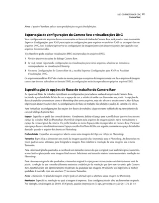 111USO DO PHOTOSHOP CS4
Camera Raw
Nota: é possível também aplicar essas predefinições na guia Predefinições.
Exportação de configurações do Camera Raw e visualizações DNG
Se as configurações de arquivos forem armazenadas no banco de dados do Camera Raw, será possível usar o comando
Exportar Configurações para XMP para copiar as configurações para arquivos secundários XMP ou incorporá-las em
arquivos DNG. Isso é útil para preservar as configurações de imagem junto com arquivos camera raw quando esses
arquivos forem movidos.
Você também pode atualizar visualizações JPEG incorporadas em arquivos DNG.
1 Abra os arquivos na caixa de diálogo Camera Raw.
2 Se você estiver exportando configurações ou visualizações para vários arquivos, selecione as miniaturas
correspondentes na visualização Filmstrip.
3 No menu Configurações do Camera Raw , escolha Exportar Configurações para XMP ou Atualizar
Visualizações DNG.
Os arquivos secundários XMP são criados na mesma pasta que os arquivos de imagem camera raw. Se os arquivos de imagem
camera raw tiverem sido salvos no formato DNG, as configurações serão incorporadas nos próprios arquivos DNG.
Especificação de opções de fluxo de trabalho do Camera Raw
As opções de fluxo de trabalho especificam as configurações para todas as saídas de arquivos do Camera Raw,
incluindo a profundidade de bits de cor, o espaço de cor, a nitidez da saída e as dimensões em pixels. As opções de
fluxo de trabalho determinam como o Photoshop abre esses arquivos, mas não afetam o modo como o After Effects
importa um arquivo camera raw. As configurações do fluxo de trabalho não afetam os dados do camera raw em si.
Para especificar as configurações das opções dos fluxos de trabalho, clique no texto sublinhado na parte inferior da
caixa de diálogo Camera Raw.
Espaço Especifica o perfil das cores de destino. Geralmente, defina o Espaço para o perfil de cor que você usa no seu
espaço de trabalho RGB do Photoshop. O perfil de origem para arquivos de imagem camera raw é normalmente o
espaço de cores original da câmera. Os perfis listados no menu Espaço estão incorporados ao Camera Raw. Para usar
um espaço de cores não listado no menu Espaço, escolha ProPhoto RGB e, em seguida, converta no espaço de trabalho
desejado quando o arquivo for aberto no Photoshop.
Profundidade Especifica se o arquivo é aberto como uma imagem de 8 bpc ou 16 bpc no Photoshop.
Tamanho Especifica as dimensões em pixels da imagem quando ela é importada para o Photoshop. As dimensões em
pixels padrão são as utilizadas para fotografar a imagem. Para redefinir a resolução de uma imagem, use o menu
Tamanho.
Para câmeras de pixels quadrados, a escolha de um tamanho menor do que o original pode acelerar o processamento,
se você estiver planejando uma imagem final menor. Selecionar um tamanho maior é como aumentar a resolução no
Photoshop.
Para câmeras com pixels não quadrados, o tamanho original é o que preserva com mais exatidão o número total de
pixels. A seleção de um tamanho diferente minimiza a redefinição da resolução que deve ser executada pelo Camera
Raw, resultando em um aprimoramento moderado da qualidade das imagens. O tamanho que representa a melhor
qualidade é marcado com um asterisco (*) no menu Tamanho.
Nota: o tamanho em pixel da imagem sempre pode ser alterado após a abertura dessa imagem no Photoshop.
Resolução Especifica a resolução na qual a imagem é impressa. Essa configuração não afeta as dimensões em pixels.
Por exemplo, uma imagem de 2048 x 1536 pixels, quando impressa em 72 dpi, apresenta cerca de 28-1/2 x 21-1/4
 