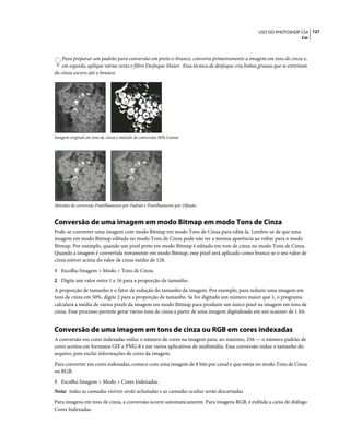 121USO DO PHOTOSHOP CS4
Cor
Para preparar um padrão para conversão em preto-e-branco, converta primeiramente a imagem em tons de cinza e,
em seguida, aplique várias vezes o filtro Desfoque Maior. Essa técnica de desfoque cria linhas grossas que se estreitam
do cinza escuro até o branco.
Imagem original em tons de cinza e método de conversão 50% Limiar
Métodos de conversão Pontilhamento por Padrão e Pontilhamento por Difusão
Conversão de uma imagem em modo Bitmap em modo Tons de Cinza
Pode-se converter uma imagem com modo Bitmap em modo Tons de Cinza para editá-la. Lembre-se de que uma
imagem em modo Bitmap editada no modo Tons de Cinza pode não ter a mesma aparência ao voltar para o modo
Bitmap. Por exemplo, quando um pixel preto em modo Bitmap é editado em tom de cinza no modo Tons de Cinza.
Quando a imagem é convertida novamente em modo Bitmap, esse pixel será aplicado como branco se o seu valor de
cinza estiver acima do valor de cinza médio de 128.
1 Escolha Imagem > Modo > Tons de Cinza.
2 Digite um valor entre 1 e 16 para a proporção de tamanho.
A proporção de tamanho é o fator de redução do tamanho da imagem. Por exemplo, para reduzir uma imagem em
tons de cinza em 50%, digite 2 para a proporção de tamanho. Se for digitado um número maior que 1, o programa
calculará a média de vários pixels da imagem em modo Bitmap para produzir um único pixel na imagem em tons de
cinza. Esse processo permite gerar vários tons de cinza a partir de uma imagem digitalizada em um scanner de 1 bit.
Conversão de uma imagem em tons de cinza ou RGB em cores indexadas
A conversão em cores indexadas reduz o número de cores na imagem para, no máximo, 256 — o número padrão de
cores aceitos em formatos GIF e PNG-8 e em vários aplicativos de multimídia. Essa conversão reduz o tamanho do
arquivo, pois exclui informações de cores da imagem.
Para converter em cores indexadas, comece com uma imagem de 8 bits por canal e que esteja no modo Tons de Cinza
ou RGB.
1 Escolha Imagem > Modo > Cores Indexadas.
Nota: todas as camadas visíveis serão achatadas e as camadas ocultas serão descartadas.
Para imagens em tons de cinza, a conversão ocorre automaticamente. Para imagens RGB, é exibida a caixa de diálogo
Cores Indexadas.
 