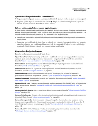 171USO DO PHOTOSHOP CS4
Ajustes de cores e tons
Aplicar uma correção somente na camada abaixo
1 No painel Ajustes, clique em um ícone de ajuste ou predefinição de ajuste, ou escolha um ajuste no menu do painel.
2 No painel Ajustes, clique no botão Cortar para camada . Clique no ícone novamente para fazer o ajuste ser
aplicado em todas as camadas abaixo dele no painel Camadas.
Salvar e aplicar predefinições usando o painel Ajustes
O painel Ajustes tem uma lista de predefinições para os ajustes de cores e tons comuns. Além disso, você pode salvar
e aplicar predefinições para Níveis, Curvas, Exposição, Matiz/Saturação, Preto-e-Branco, Misturador de Canais e Cor
Seletiva. Quando você salva uma predefinição, ela é adicionada à lista de predefinições.
• Para salvar as configurações de ajuste como uma predefinição, escolha a opção Salvar predefinição do menu do
painel Ajustes.
• Para aplicar uma predefinição de ajuste, clique no triângulo para expandir a lista de predefinições para um ajuste
específico e clique em uma predefinição. Clique com a tecla Alt pressionada (Windows) ou com a tecla Option
pressionada (Mac OS) em um triângulo para expandir todas as predefinições.
Comandos de ajuste de cores
É possível escolher um destes comandos de ajuste de cor:
Ajustar Níveis Automaticamente Corrige rapidamente o equilíbrio de cores em uma imagem. Embora esse nome
sugira um ajuste automático, é possível ajustar manualmente o comportamento do comando Cor Automática.
Consulte “Remover uma projeção de cores com Cor Automática” na página 202.
Comando Níveis Ajusta o equilíbrio de cores definindo a distribuição de pixels para canais de cores individuais.
Consulte “Ajuste de cores usando Níveis” na página 177.
Comando Curvas Fornece até 14 pontos de controle para ajustes de realces, tons médios e sombras de canais
individuais. Consulte “Visão geral de Curvas” na página 177.
Comando Exposição Ajusta a tonalidade ao executar cálculos em um espaço de cor linear. A exposição é
principalmente para uso em imagens HDR. Consulte “Ajuste da exposição de imagens HDR” na página 189
Comando Vibratilidade Ajusta a saturação de cor para que o corte seja minimizado. Consulte “Ajustar saturação de
cores usando Vibração” na página 185
Comando Filtro de Fotos Faz ajustes de cores simulando os efeitos de usar um filtro Kodak Wratten ou Fuji em frente
à lente de uma câmera. Consulte “Alteração do equilíbrio de cores utilizando o comando Filtro de Fotos” na
página 199.
Comando Equilíbrio de Cores Altera a mistura geral de cores em uma imagem. Consulte “Aplicar o ajuste de Equilíbrio
de cores” na página 200.
Comando Matiz/Saturação Ajusta os valores de matiz, saturação e luminosidade de toda a imagem ou de componentes
de cor individuais. Consulte “Ajuste de matiz e saturação” na página 183.
Comando Corresponder Cor Corresponde a cor: entre duas fotografias, duas camadas e duas seleções na mesma
imagem ou em imagens diferentes. Esse comando também ajusta a luminescência e o intervalo de cores, além de
neutralizar projeções de cores em uma imagem. Consulte “Correspondência da cor em imagens diferentes” na
página 192.
Comando Substituir Cor Substitui cores especificadas em uma imagem por novos valores de cor. Consulte
“Substituição das cores de objetos em uma imagem” na página 195.
 