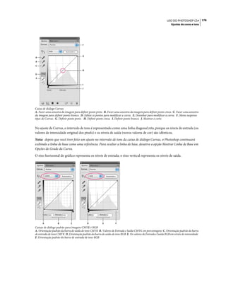 178USO DO PHOTOSHOP CS4
Ajustes de cores e tons
Caixa de diálogo Curvas
A. Fazer uma amostra da imagem para definir ponto preto. B. Fazer uma amostra da imagem para definir ponto cinza. C. Fazer uma amostra
da imagem para definir ponto branco. D. Editar os pontos para modificar a curva. E. Desenhar para modificar a curva. F. Menu suspenso
tipos de Curvas. G. Definir ponto preto. H. Definir ponto cinza. I. Definir ponto branco. J. Mostrar o corte.
No ajuste de Curvas, o intervalo de tons é representado como uma linha diagonal reta, porque os níveis de entrada (os
valores de intensidade original dos pixels) e os níveis de saída (novos valores de cor) são idênticos.
Nota: depois que você tiver feito um ajuste no intervalo de tons da caixa de diálogo Curvas, o Photoshop continuará
exibindo a linha de base como uma referência. Para ocultar a linha de base, desative a opção Mostrar Linha de Base em
Opções de Grade da Curva.
O eixo horizontal do gráfico representa os níveis de entrada; o eixo vertical representa os níveis de saída.
Caixas de diálogo padrão para imagens CMYK e RGB
A. Orientação padrão da barra de saída de tons CMYK B. Valores de Entrada e Saída CMYK em porcentagens C. Orientação padrão da barra
de entrada de tons CMYK D. Orientação padrão da barra de saída de tons RGB E. Os valores de Entrada e Saída RGB em níveis de intensidade
F. Orientação padrão da barra de entrada de tons RGB
A
G
F
H
I
J
B
C
D
E
A B C D E F
 