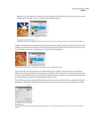 345USO DO PHOTOSHOP CS4
Camadas
Nota: para criar uma máscara de camada ou de vetor na camada Plano de fundo, primeiramente converta-a em uma
camada regular (Camada > Nova > Camada a partir do plano de fundo).
Aplicação de máscaras em camadas
A. Miniatura de máscara de camada B. Miniatura de máscara de vetor C. Ícone Máscara de Vetor Vinculada D. Adicionar Máscara
Também é possível editar uma máscara de camada para adicionar ou subtrair à região com máscara. Uma máscara de
camada é uma imagem em tons de cinza, de forma que as áreas pretas são ocultas, as áreas brancas são visíveis e as que
forem pintadas com tons de cinza aparecem com vários níveis de transparência.
Plano de fundo pintado de preto; cartão de descrição pintado de cinza; cesta pintada de branco
Uma máscara de vetor cria uma forma com arestas nítidas em uma camada e é útil sempre que o usuário deseja
adicionar um elemento de desenho com arestas claras e definidas. Após a criação de uma camada com uma máscara
de vetor, é possível aplicar-lhe um ou mais estilos de camada, editá-los se necessário e ter instantaneamente, prontos
para uso, um botão, um painel ou outro elemento de criação na Web.
O painel Máscaras fornece controles adicionais para ajustar uma máscara. É possível alterar a opacidade da máscara
para regular a exibição do conteúdo mascarado, inverter a máscara ou refinar as arestas, como uma área de seleção.
Painel Máscaras
A. Selecione a máscara de filtro. B. Adicione uma máscara de pixel. C. Adicione uma máscara de vetor. D. Menu do painel. E. Aplicar
máscara
A
B
C
D
D
E
A B C
 