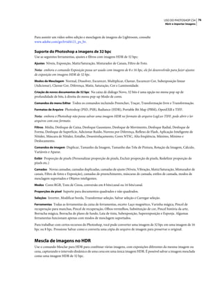 76USO DO PHOTOSHOP CS4
Abrir e importar imagens
Para assistir um vídeo sobre edição e mesclagem de imagens do Lightroom, consulte
www.adobe.com/go/lrvid4121_ps_br.
Suporte do Photoshop a imagens de 32 bpc
Use as seguintes ferramentas, ajustes e filtros com imagens HDR de 32 bpc:
Ajustes Níveis, Exposição, Matiz/Saturação, Misturador de Canais, Filtro de Foto.
Nota: embora o comando Exposição possa ser usado com imagens de 8 e 16 bpc, ele foi desenvolvido para fazer ajustes
de exposição em imagens HDR de 32 bpc.
Modos de Mesclagem Normal, Dissolver, Escurecer, Multiplicar, Clarear, Escurecer Cor, Subexposição linear
(Adicionar), Clarear Cor, Diferença, Matiz, Saturação, Cor e Luminosidade.
Criação de novos documentos de 32 bpc Na caixa de diálogo Novo, 32 bits é uma opção no menu pop-up de
profundidade de bits, à direita do menu pop-up Modo de cores.
Comandos do menu Editar Todos os comandos incluindo Preencher, Traçar, Transformação livre e Transformação.
Formatos de Arquivo Photoshop (PSD, PSB), Radiance (HDR), Portable Bit Map (PBM), OpenEXR e TIFF.
Nota: embora o Photoshop não possa salvar uma imagem HDR no formato de arquivo LogLuv TIFF, pode abrir e ler
arquivos com esse formato.
Filtros Média, Desfoque de Caixa, Desfoque Gaussiano, Desfoque de Movimento, Desfoque Radial, Desfoque de
Forma, Desfoque de Superfície, Adicionar Ruído, Nuvens por Diferença, Reflexo de Flash, Aplicação Inteligente de
Nitidez, Máscara de Nitidez, Entalhe, Desentrelaçamento, Cores NTSC, Alta freqüência, Máximo, Mínimo e
Deslocamento.
Comandos de imagem Duplicar, Tamanho da Imagem, Tamanho das Tela de Pintura, Rotação da Imagem, Cálculo,
Variáveis e Aparar.
Exibir Proporção de pixels (Personalizar proporção de pixels, Excluir proporção de pixels, Redefinir proporção de
pixels etc.)
Camadas Novas camadas, camadas duplicadas, camadas de ajuste (Níveis, Vibração, Matiz/Saturação, Misturador de
canais, Filtro de fotos e Exposição), camadas de preenchimento, máscaras de camada, estilos de camada, modos de
mesclagem suportados e Objetos inteligentes.
Modos Cores RGB, Tons de Cinza, conversão em 8 bits/canal ou 16 bits/canal.
Proporções de pixel Suporte para documentos quadrados e não quadrados.
Seleções Inverter, Modificar borda, Transformar seleção, Salvar seleção e Carregar seleção.
Ferramentas Todas as ferramentas da caixa de ferramentas, exceto: Laço magnético, Varinha mágica, Pincel de
recuperação para manchas, Pincel de recuperação, Olhos vermelhos, Substituição de cor, Pincel história da arte,
Borracha mágica, Borracha de plano de fundo, Lata de tinta, Subexposição, Superexposição e Esponja. Algumas
ferramentas funcionam apenas com modos de mesclagem suportados.
Para trabalhar com certos recursos do Photoshop, você pode converter uma imagem de 32 bpc em uma imagem de 16
bpc ou 8 bpc. Pressione Salvar como e converta uma cópia do arquivo de imagem para preservar o original.
Mescla de imagens no HDR
Use o comando Mesclar para HDR para combinar várias imagens, com exposições diferentes da mesma imagem ou
cena, capturando o intervalo dinâmico de uma cena em uma única imagem HDR. É possível salvar a imagem mesclada
como uma imagem HDR de 32 bpc.
 