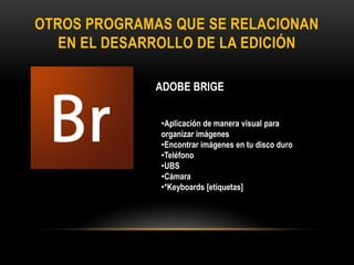 OTROS PROGRAMAS QUE SE RELACIONAN
   EN EL DESARROLLO DE LA EDICIÓN

              ADOBE BRIGE


              •Aplicación de manera visual para
              organizar imágenes
              •Encontrar imágenes en tu disco duro
              •Teléfono
              •UBS
              •Cámara
              •*Keyboards [etiquetas]
 