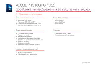 Типове файлове и възможности
------------------------------------------------------------------------------------------------------
•	 Векторни - EPS, AI, PDF
•	 Растерни - JPG, PNG, GIF, TIFF
•	 Прозрачност и алфа канали (PNG, TIFF)
•	 Цветови характеристики - RGB, CMYK
Слоеве, маски и селекции
------------------------------------------------------------------------------------------------------
•	 Създаване на нови слоеве
•	 Копиране на слоеве
•	 Видимост на слоевете
•	 Използване на Magic Wand, Quick Mask
•	 Добавяне на селекция като маска към слой
•	 Редакция на маски
•	 Групиране на слоеве
•	 Adjustment Layers и цветови корекции
Новости в последната версия (CS5)
------------------------------------------------------------------------------------------------------
•	 Функции на Smart Layers
•	 Подобрения на Spot Healing Brush
Връзка с други програми
------------------------------------------------------------------------------------------------------
•	 Adobe Illustrator
•	 Adobe After Effects
•	 Adobe Indesign
Упражнения
------------------------------------------------------------------------------------------------------
•	 Създаване на колаж с икони
•	 Бързи селекции, маски и редакция
ADOBE PHOTOSHOP CS5
обработка на изображения за уеб, печат и видео
01 Въведение - съдържание
страница 1
 