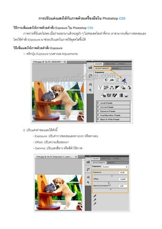 การปรับแต่งแสงให้กับภาพด้วยเครื่องมือใน Photoshop CS5
วิธีการเพิ่มแสงให้ภาพด้วยคําสั่ง Exposure ใน Photoshop CS5
ภาพถ่ายที่มีแสงไม่พอ เมื่อถ่ายออกมาแล้วจะดูมัว ๆ ไม่ค่อยสดใสเท่าที่ควร เราสามารถเพิ่มการชดเชยแสง
โดยใช้คําสั่ง Exposure มาช่วยปรับแสงในภาพให้ดูสดใสขึ้นได้
วิธีเพิ่มแสงให้ภาพด้วยคําสั่ง Exposure
1. คลิกปุ่ม Exposure บนพาเนล Adjustments
2. ปรับแต่งค่าของแสงได้ดังนี้
- Exposure: ปรับค่าการชดเชยแสงทางบวก หรือทางลบ
- Offset: ปรับความเข้มของเงา
- Gamma: ปรับแสงสีขาว หรือสีดําให้ภาพ
 