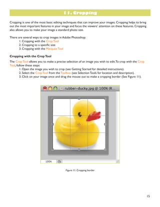 15
Cropping is one of the most basic editing techniques that can improve your images. Cropping helps to bring
RXW WKH PRVW LPSRUWDQW IHDWXUHV LQ RXU LPDJH DQG IRFXV WKH YLHZHUV· DWWHQWLRQ RQ WKHVH IHDWXUHV URSSLQJ
also allows you to make your image a standard photo size.
There are several ways to crop images in Adobe Photoshop:
1. Cropping with the Crop Tool
 URSSLQJ WR D VSHFLÀF VL]H
3. Cropping with the Marquee Tool
Cropping with the CropTool
The Crop Tool allows you to make a precise selection of an image you wish to edit.To crop with the Crop
Tool, follow these steps:
1. Open the image you wish to crop (see Getting Started for detailed instructions).
2. Select the Crop Tool from the Toolbox (see Selection Tools for location and description).
3. Click on your image once and drag the mouse out to make a cropping border (See Figure 11).
Figure 11. Cropping border
11. Cropping
 