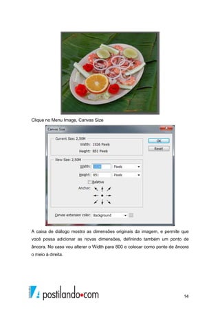 14 
Clique no Menu Image, Canvas Size 
A caixa de diálogo mostra as dimensões originais da imagem, e permite que 
você possa adicionar as novas dimensões, definindo também um ponto de 
âncora. No caso vou alterar o Width para 800 e colocar como ponto de âncora 
o meio à direita. 
 